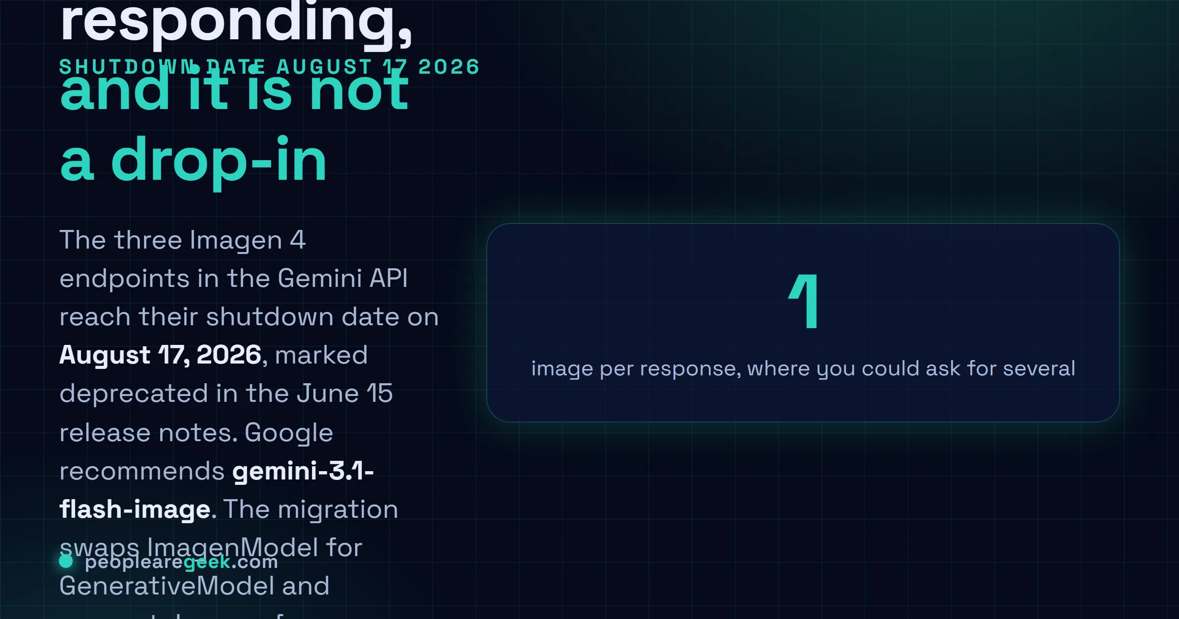 Carte réponse : les trois points d'entrée Imagen 4 de l'API Gemini s'éteignent le 17 août 2026, avec gemini-3.1-flash-image en remplacement recommandé, et quatre paramètres retirés dont numberOfImages, negativePrompt, imageFormat et addWatermark.