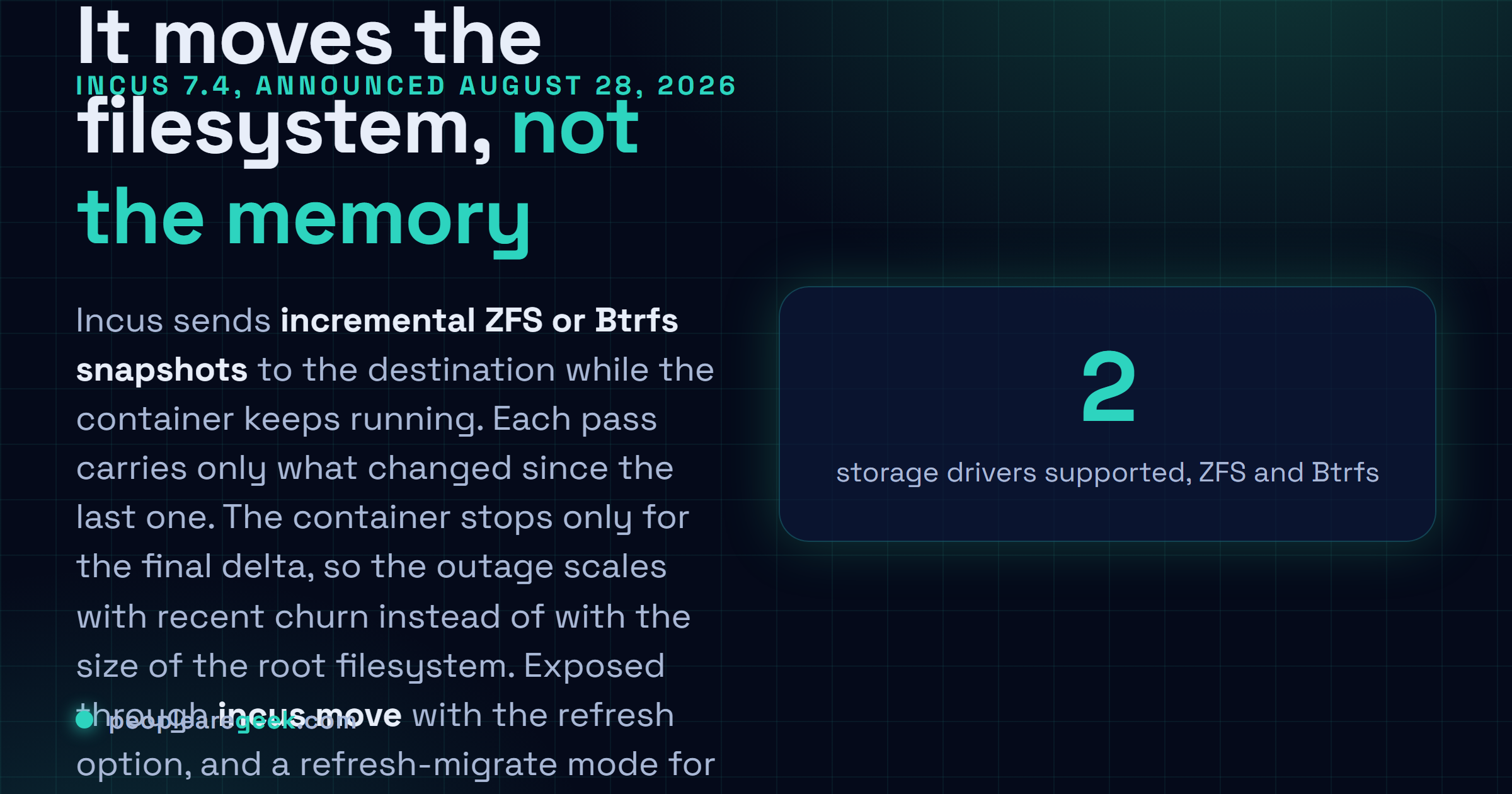 Answer card explaining near live migration in Incus 7.4: incremental ZFS or Btrfs snapshots are sent while the container runs, and it stops only for the final sync.