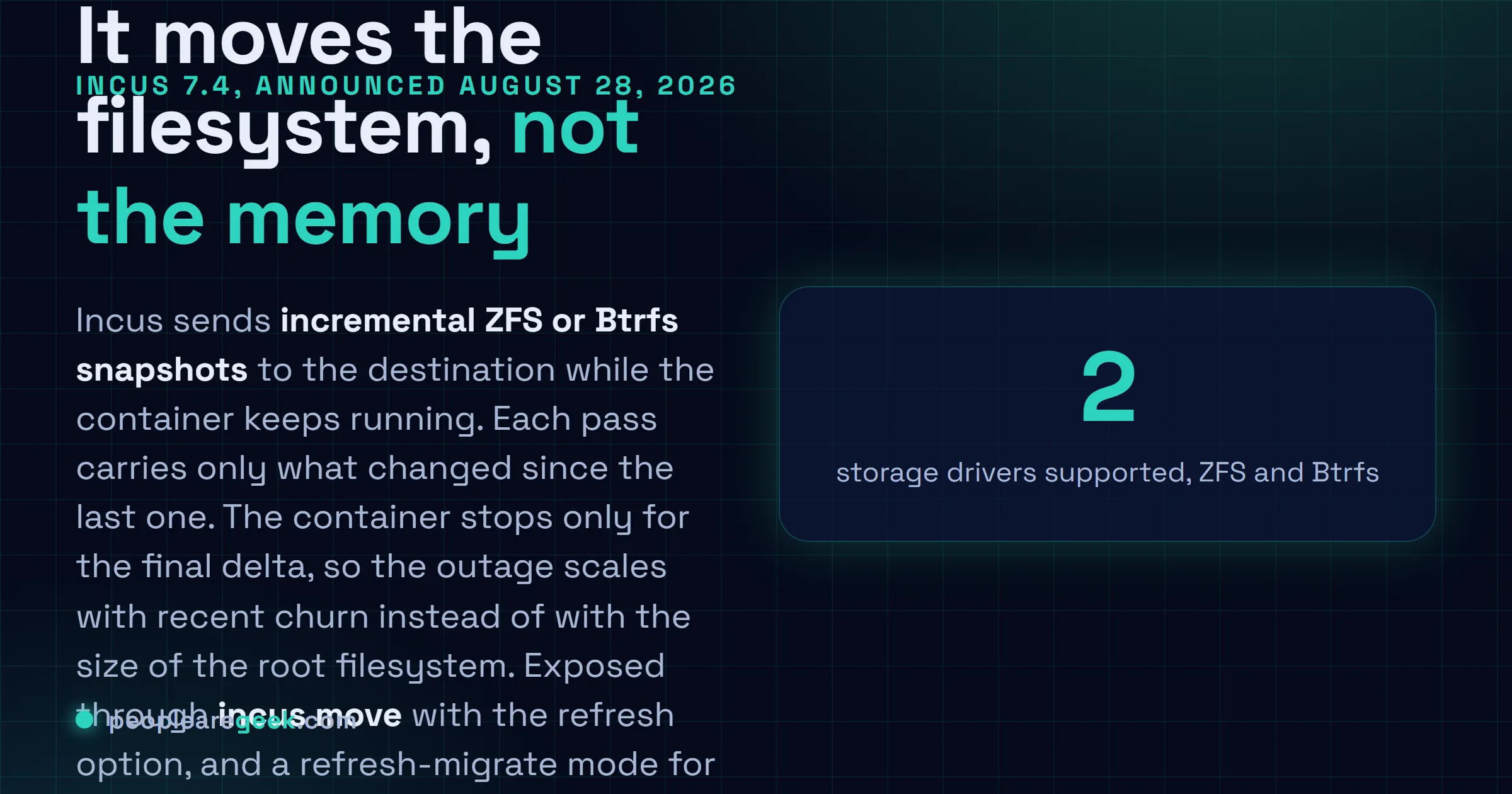 Carte expliquant la migration quasi à chaud d'Incus 7.4 : des instantanés ZFS ou Btrfs incrémentaux sont envoyés pendant que le conteneur tourne, et il ne s'arrête que pour la synchronisation finale.