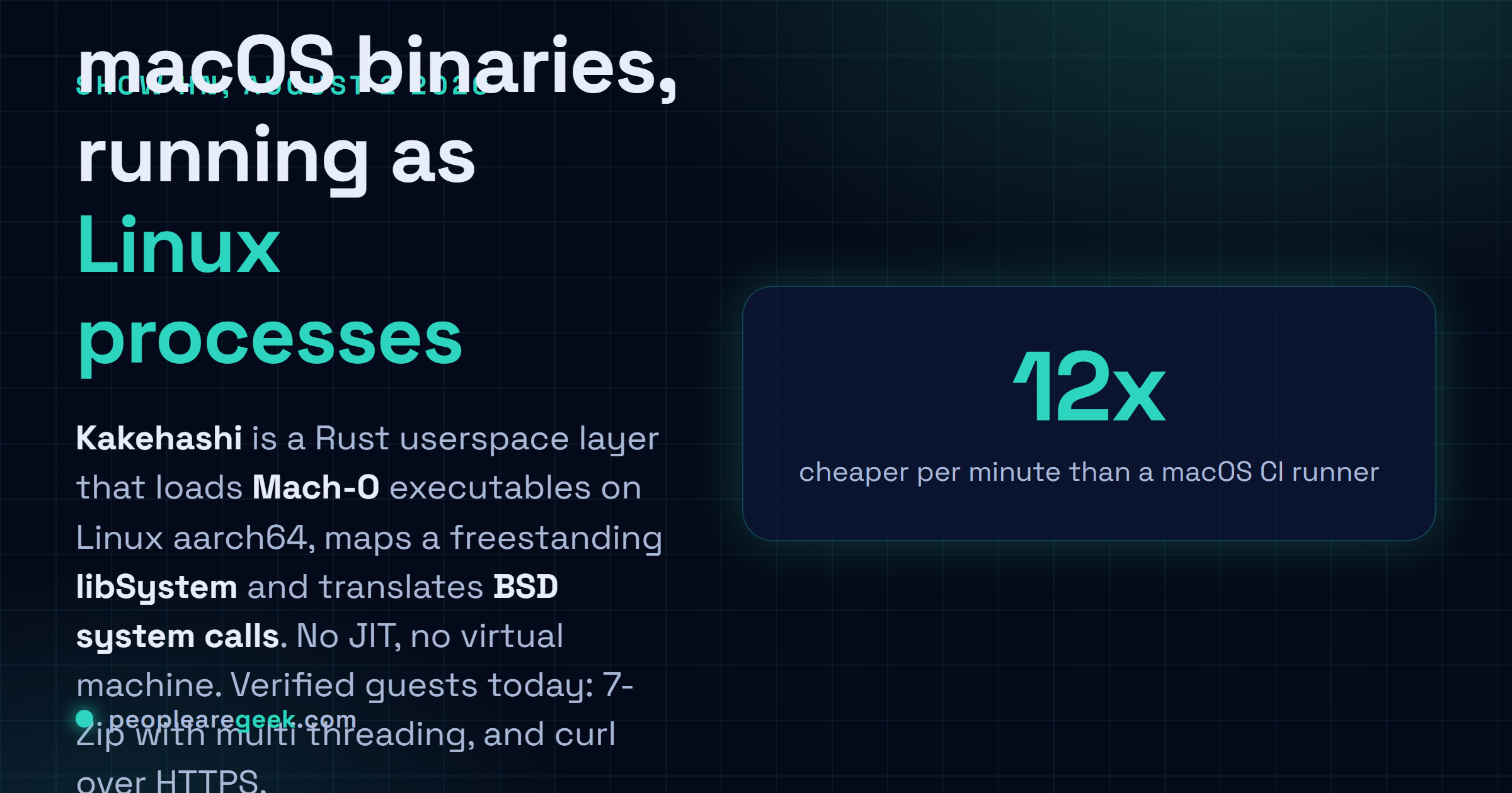Answer card: Kakehashi is a Rust userspace translation layer that loads Mach-O binaries on Linux aarch64, maps a freestanding libSystem and translates BSD system calls, running 7-Zip and curl at around 5.2 times slower than native on runners costing roughly a twelfth of macOS.