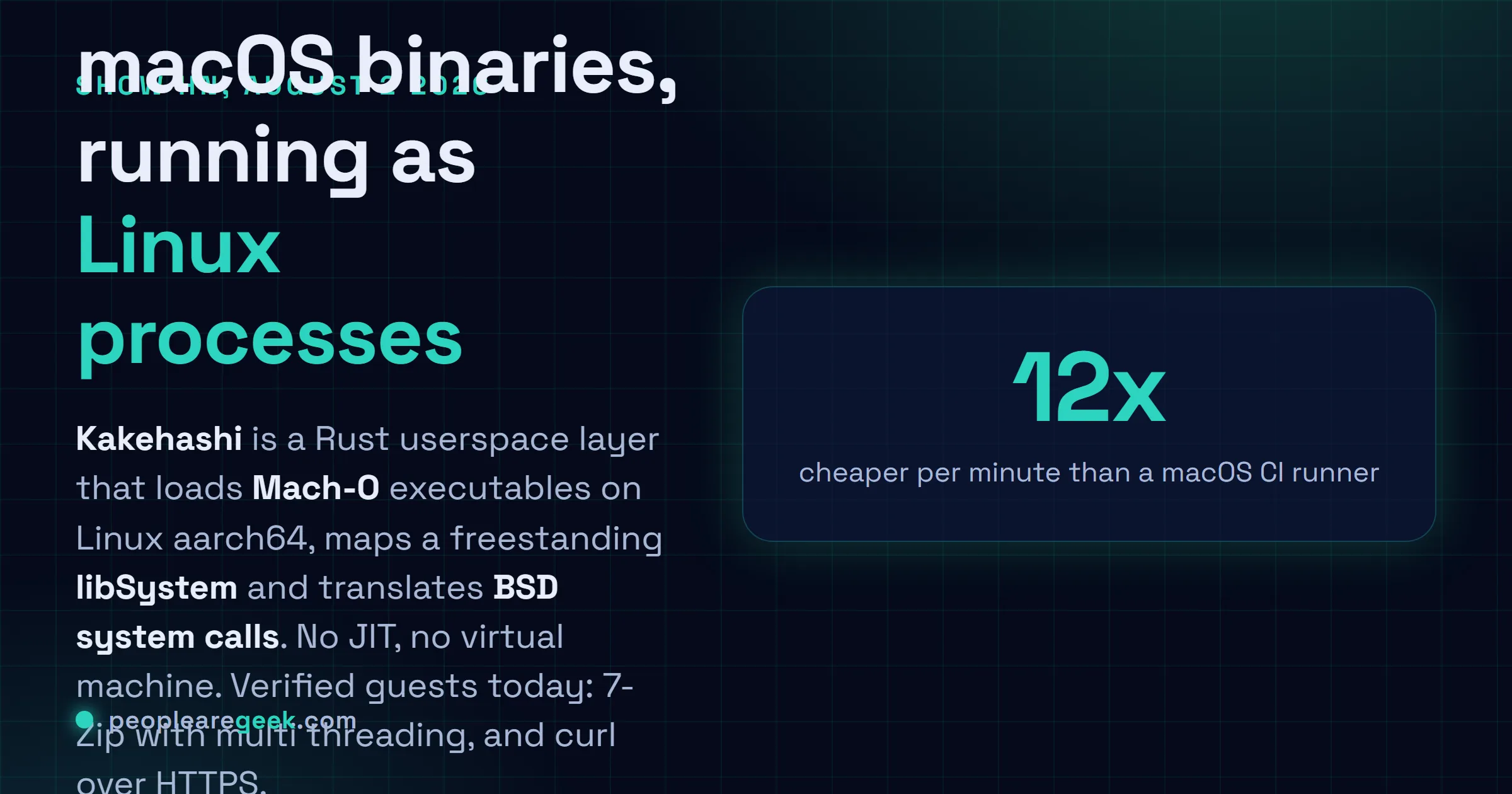 Answer card: Kakehashi is a Rust userspace translation layer that loads Mach-O binaries on Linux aarch64, maps a freestanding libSystem and translates BSD system calls, running 7-Zip and curl at around 5.2 times slower than native on runners costing roughly a twelfth of macOS.