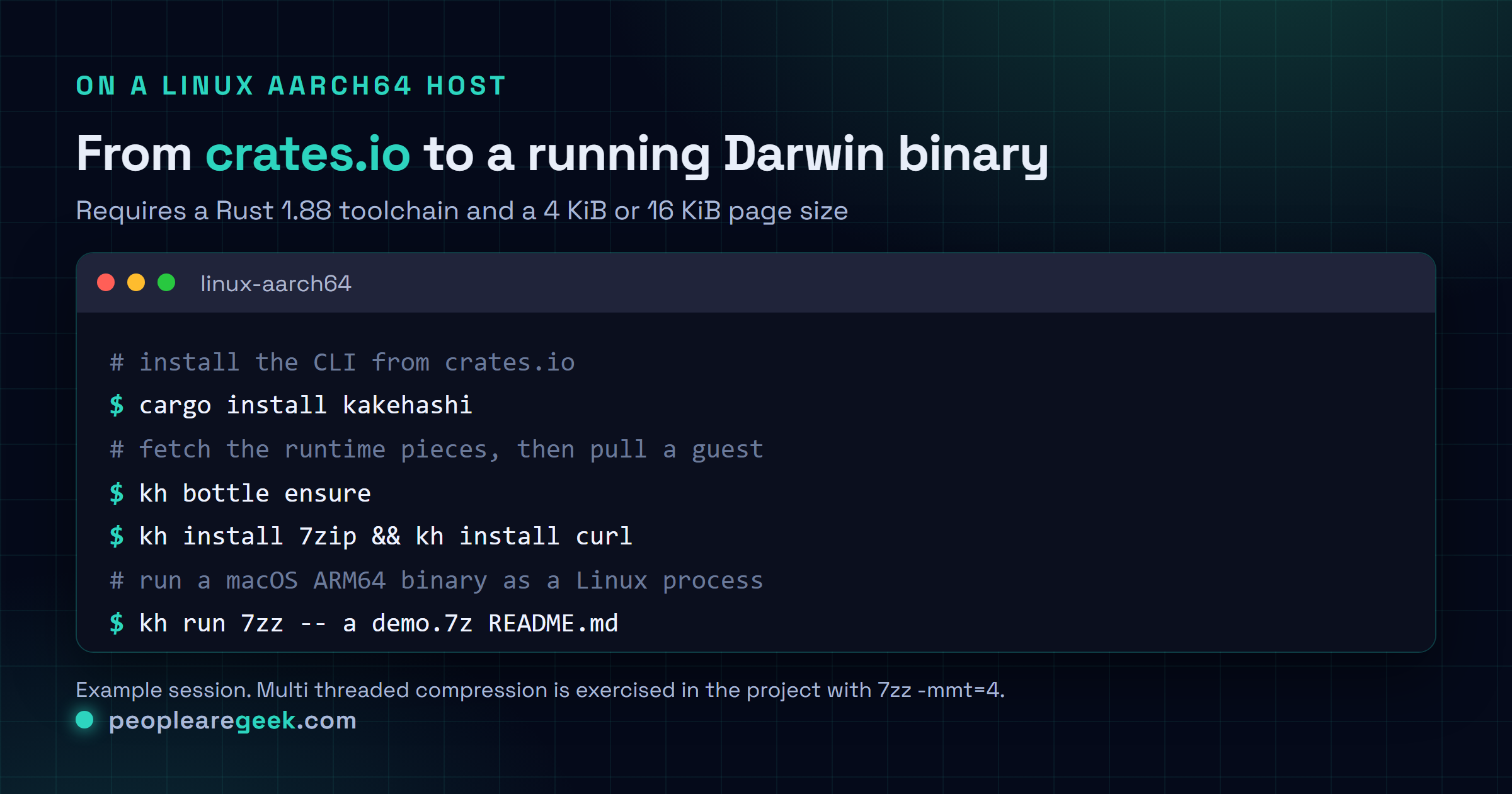 Terminal card showing the Kakehashi install and run flow: cargo install kakehashi to fetch the CLI from crates.io, kh bottle ensure to prepare the runtime, kh install 7zip and kh install curl to pull guests, then running 7zz to create and test an archive under the translation layer on Linux aarch64.