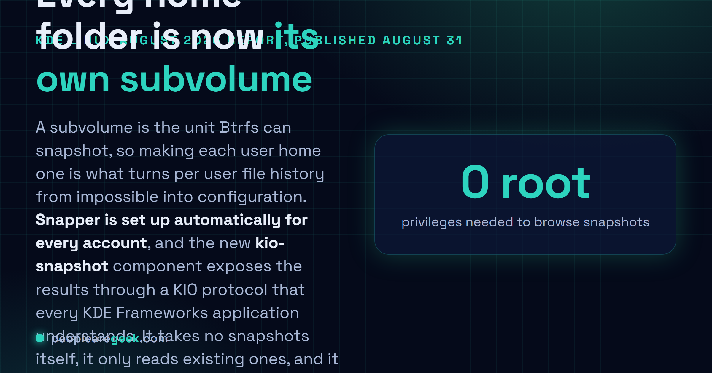 Carte réponse expliquant les instantanés Btrfs automatiques de KDE Linux : les dossiers personnels deviennent des sous-volumes, Snapper est configuré par utilisateur, et kio-snapshot expose les versions passées dans Dolphin.