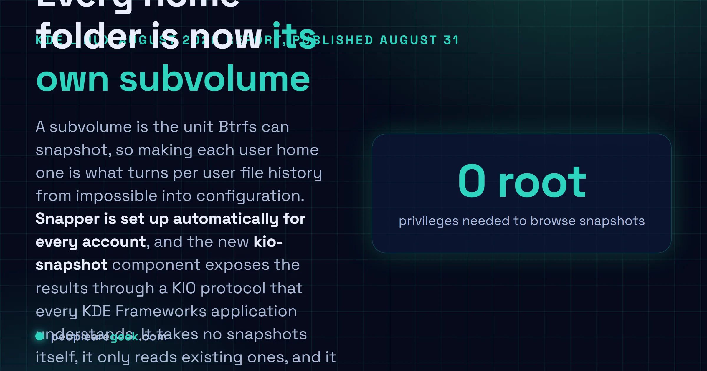 Carte réponse expliquant les instantanés Btrfs automatiques de KDE Linux : les dossiers personnels deviennent des sous-volumes, Snapper est configuré par utilisateur, et kio-snapshot expose les versions passées dans Dolphin.