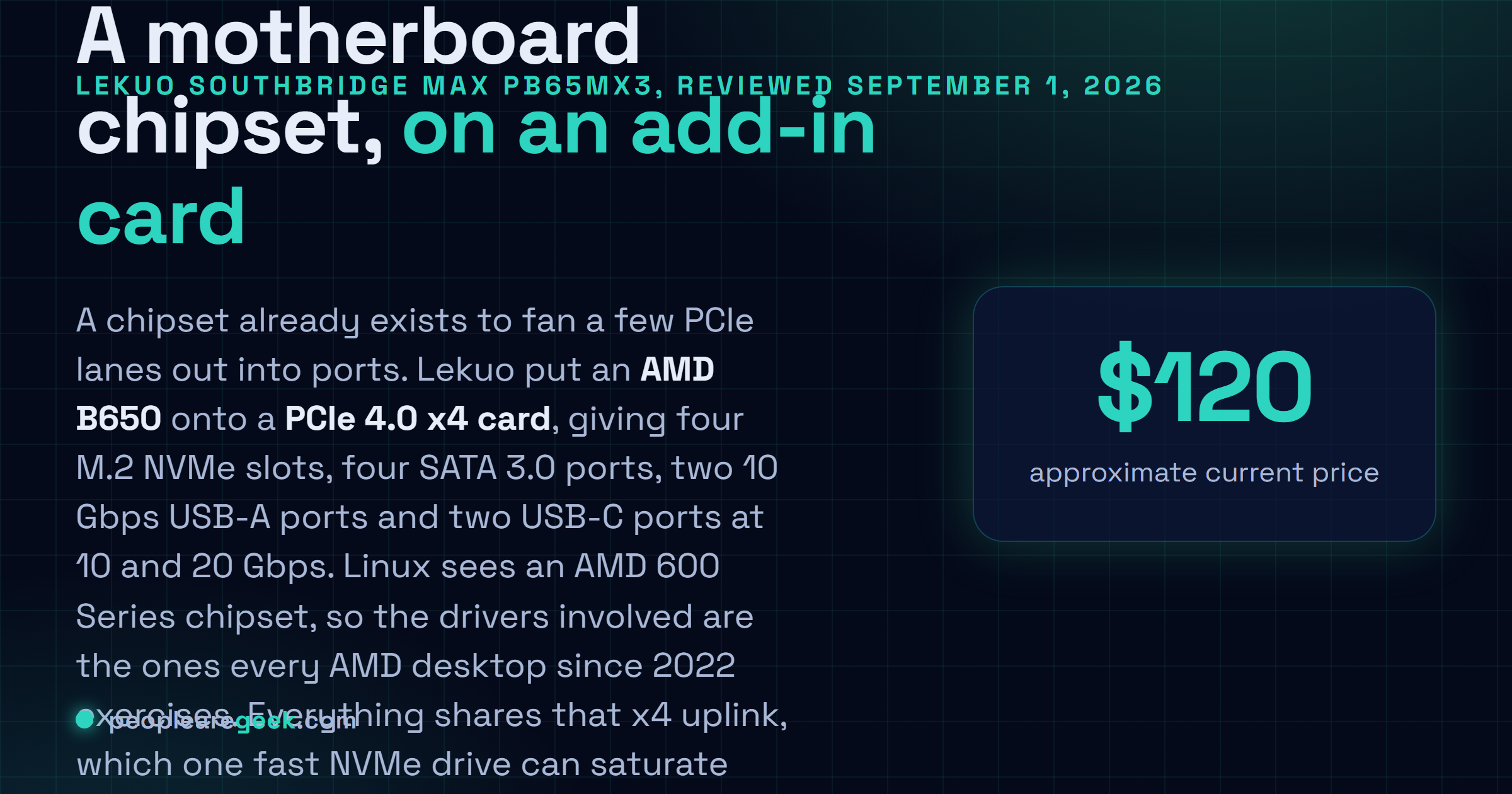 Carte réponse décrivant la Lekuo SouthBridge Max : un chipset AMD B650 sur une carte PCIe 4.0 x4 offrant quatre emplacements NVMe, quatre ports SATA et quatre ports USB, reconnue par Linux comme un chipset AMD série 600.