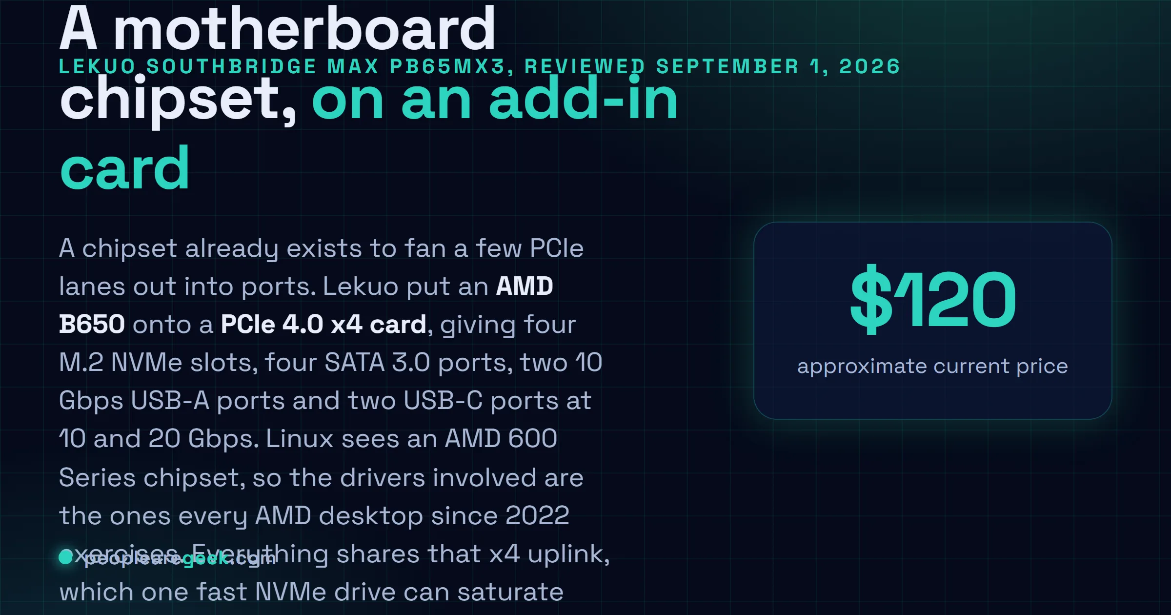 Answer card describing the Lekuo SouthBridge Max: an AMD B650 chipset on a PCIe 4.0 x4 add-in card providing four NVMe slots, four SATA ports and four USB ports, recognised by Linux as an AMD 600 Series chipset.
