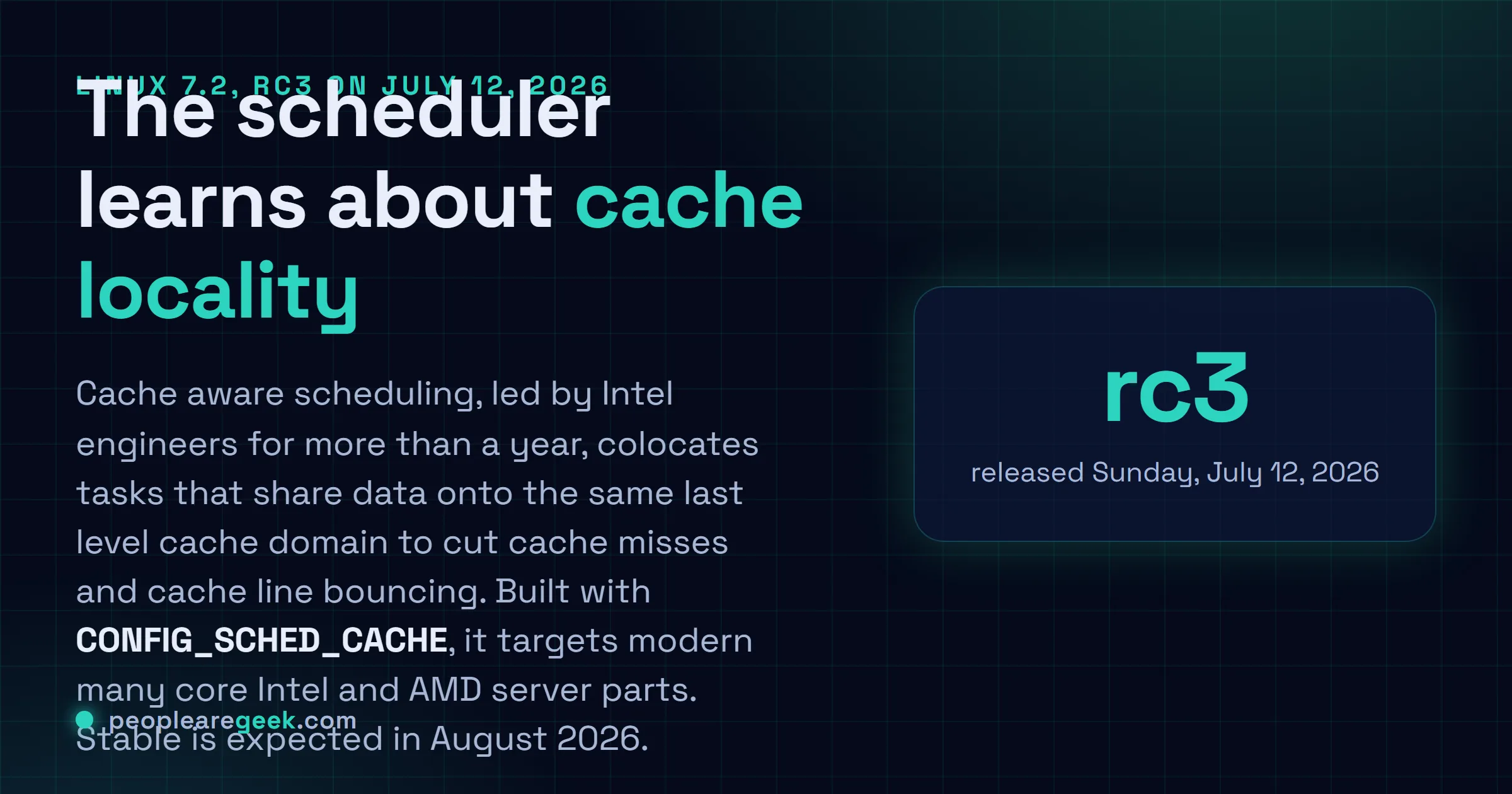 Carte reponse : Linux 7.2 ajoute l'ordonnancement conscient du cache, active par CONFIG_SCHED_CACHE et pilotable a chaud via le bouton llc_balancing dans debugfs.