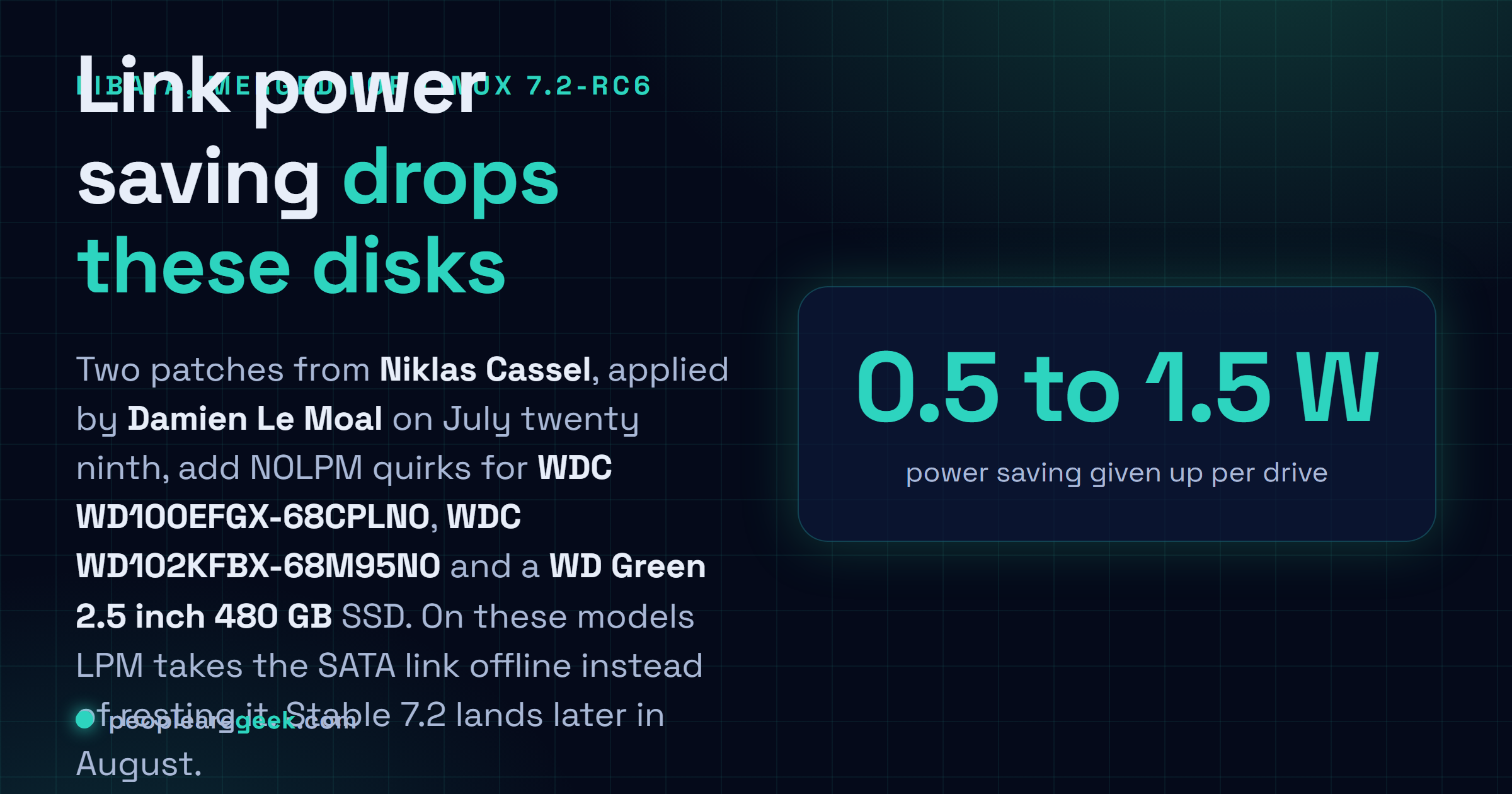 Answer card: Linux 7.2-rc6 adds libata NOLPM quirks that disable SATA Link Power Management for three Western Digital drives, the 10 TB WDC WD100EFGX-68CPLN0 and WDC WD102KFBX-68M95N0 NAS disks and a WD Green 2.5 inch 480 GB SSD, on which the power saving feature takes the SATA link offline. The workaround on older kernels is the libata.force=nolpm boot parameter.