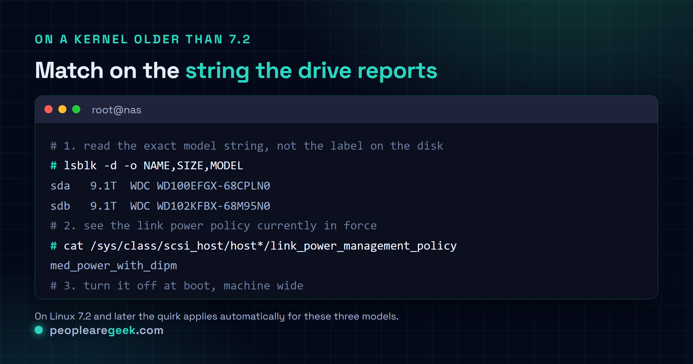 Terminal figure showing how to identify the affected drives and apply the workaround: reading the model string reported by the drive, checking the current SATA link power management policy under sysfs, and adding libata.force=nolpm to the kernel command line on older kernels.