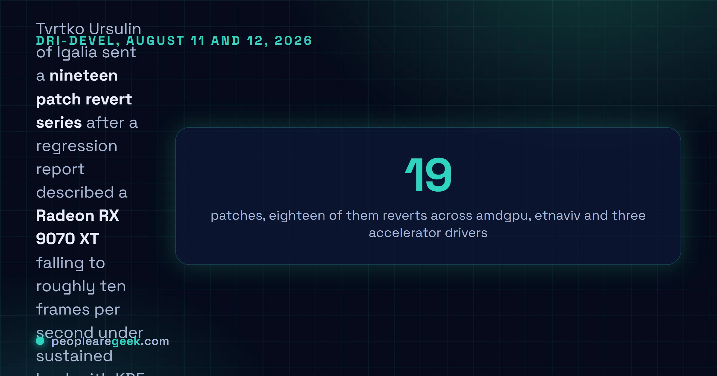 Answer card: Linux 7.2 reverts the DRM scheduler default from the fair policy back to FIFO, in a nineteen patch series sent by Tvrtko Ursulin on August 11, 2026, after a regression report described a Radeon RX 9070 XT dropping to roughly ten frames per second under sustained load, with the fair policy now marked experimental.