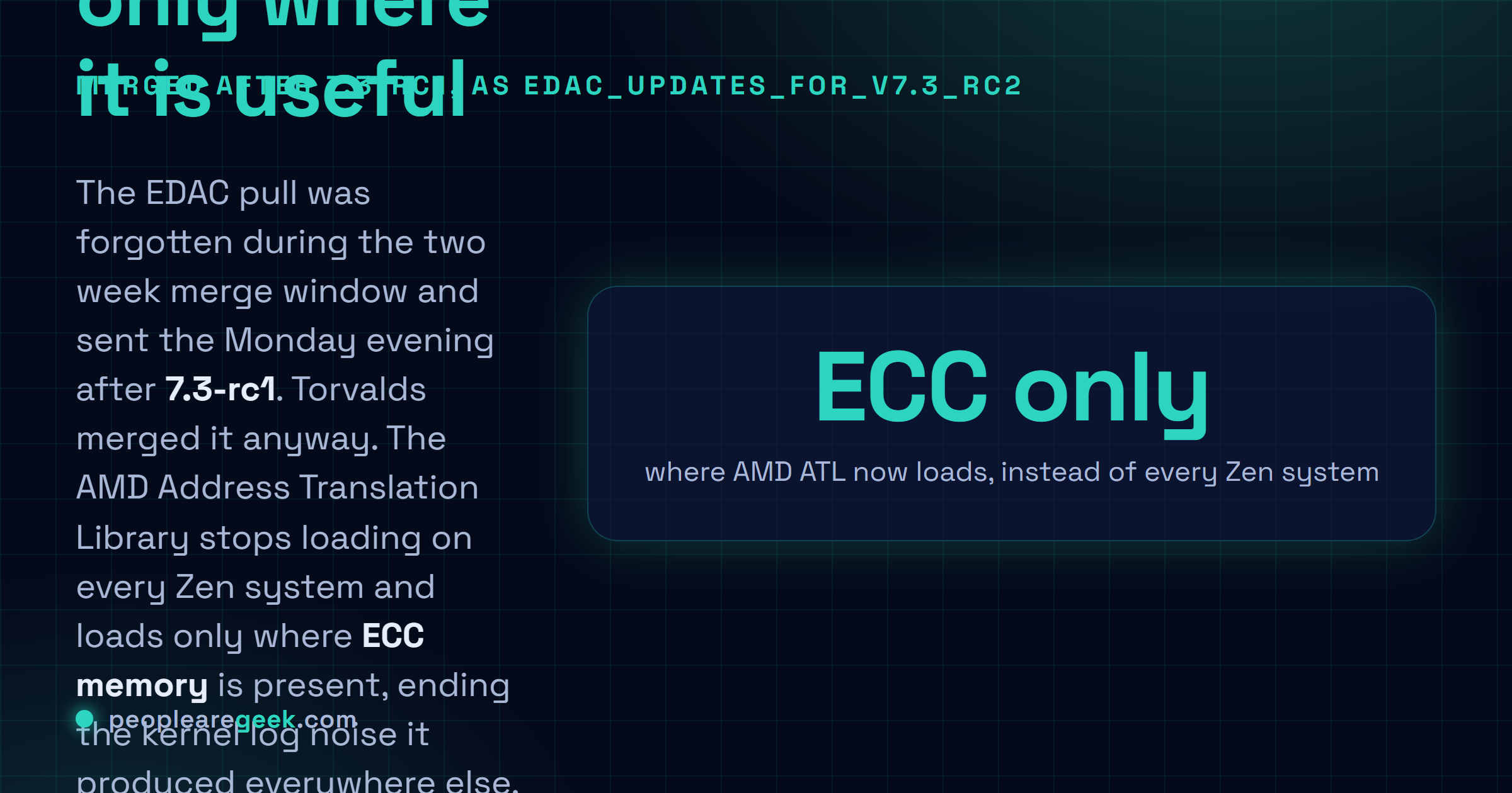 Answer card: the Linux 7.3 EDAC pull request was forgotten during the merge window and merged late as edac_updates_for_v7.3_rc2, stopping AMD ATL from loading on non ECC Zen systems, adding Intel Starfire support and orphaning the ThunderX and MPC85XX drivers.