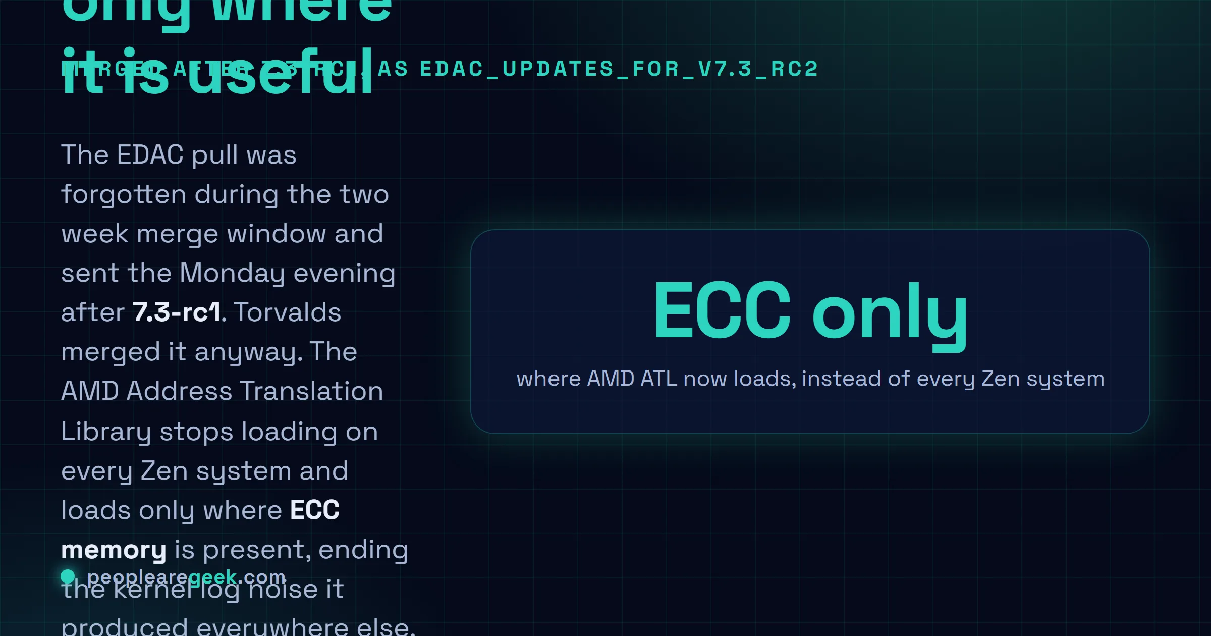 Answer card: the Linux 7.3 EDAC pull request was forgotten during the merge window and merged late as edac_updates_for_v7.3_rc2, stopping AMD ATL from loading on non ECC Zen systems, adding Intel Starfire support and orphaning the ThunderX and MPC85XX drivers.