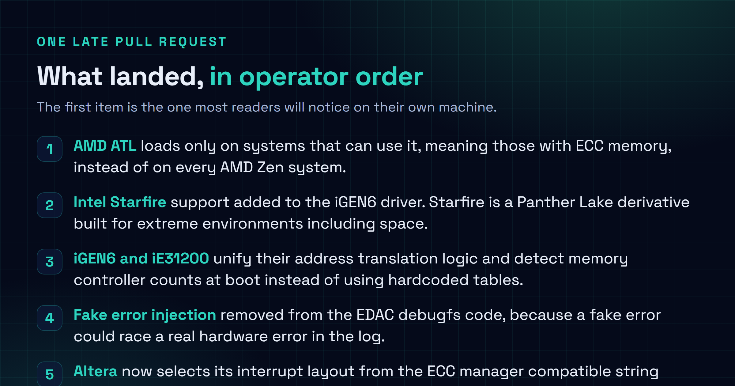 Checklist of the late Linux 7.3 EDAC changes: AMD ATL restricted to systems with ECC memory, Intel Starfire support added to the iGEN6 driver, iGEN6 and iE31200 address translation logic unified with runtime memory controller detection, the fake error injection debugfs interface removed, the Altera driver selecting its interrupt layout from the ECC manager compatible string, and the ThunderX and MPC85XX drivers orphaned.