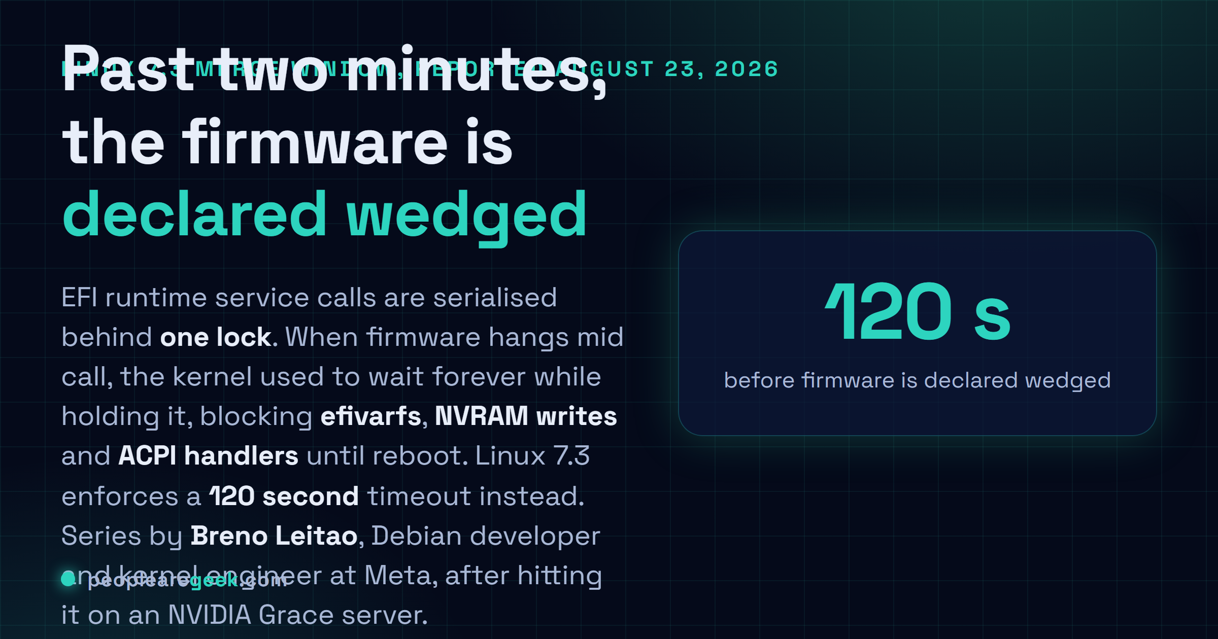Answer card: the EFI updates merged for Linux 7.3 enforce a 120 second timeout on EFI runtime service calls, after which the firmware is declared wedged, so a single stuck call no longer holds the EFI runtime lock and blocks efivarfs, NVRAM writes and ACPI handlers until the machine is rebooted.