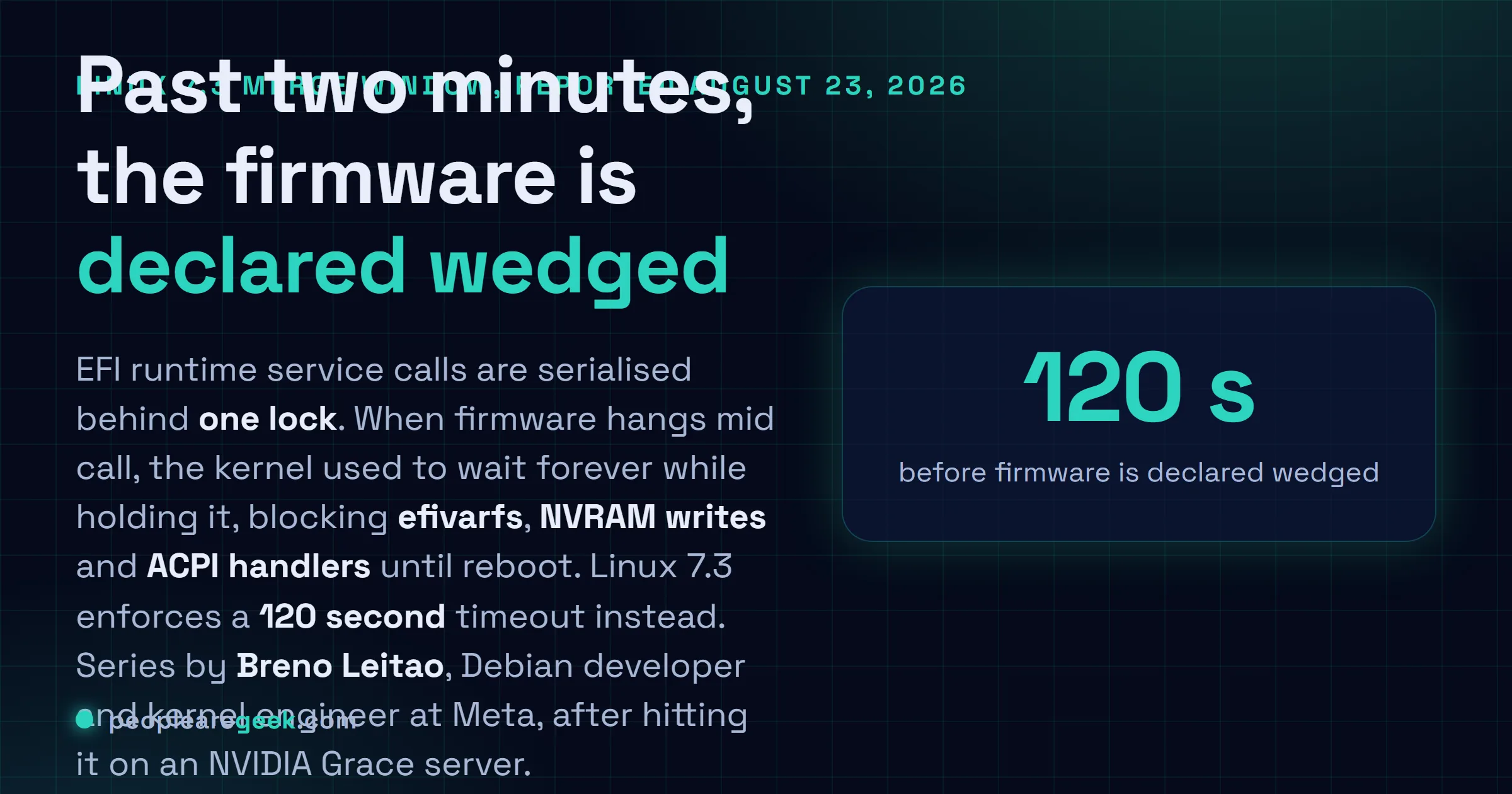 Answer card: the EFI updates merged for Linux 7.3 enforce a 120 second timeout on EFI runtime service calls, after which the firmware is declared wedged, so a single stuck call no longer holds the EFI runtime lock and blocks efivarfs, NVRAM writes and ACPI handlers until the machine is rebooted.