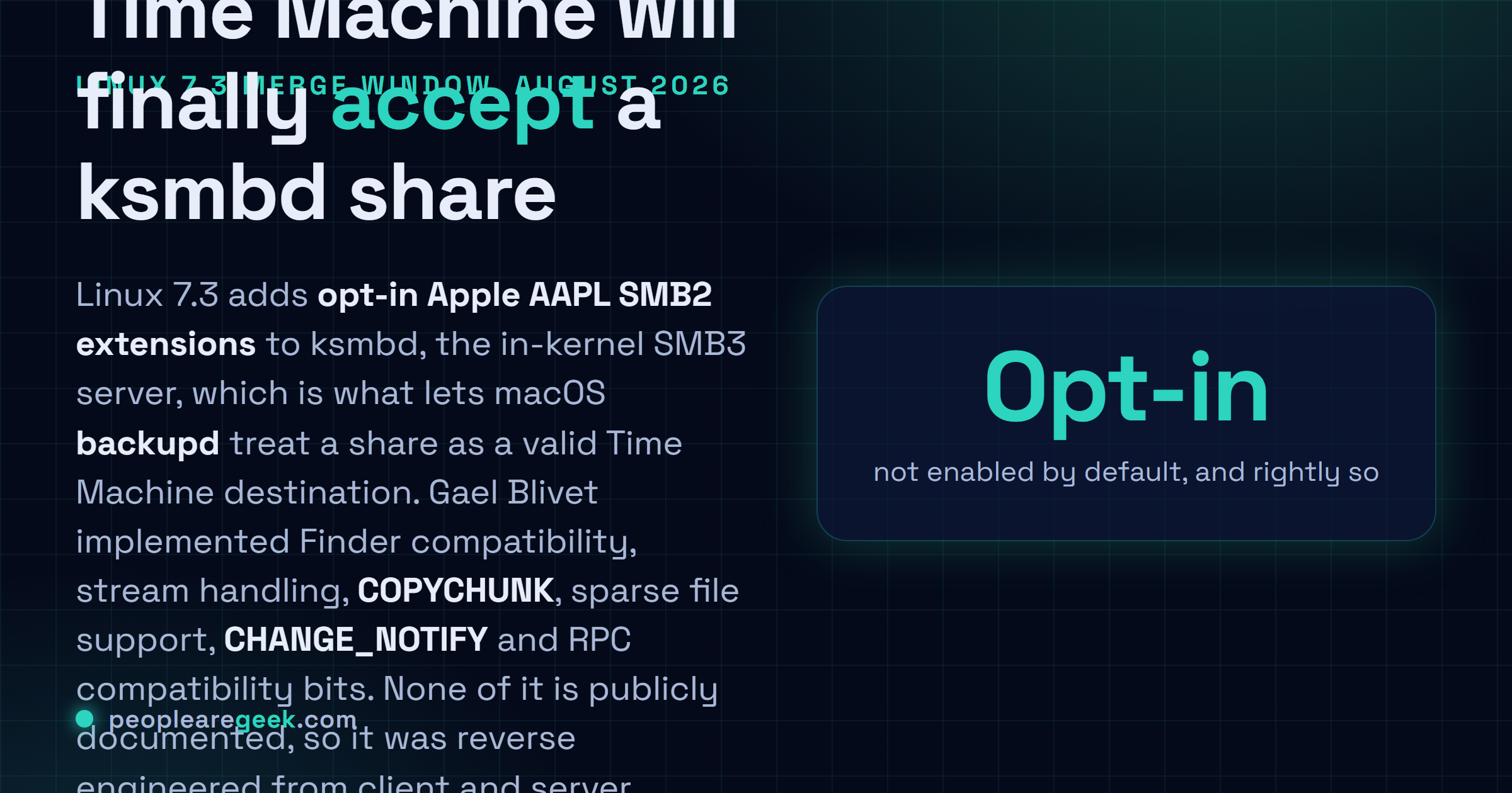 Carte réponse résumant les changements ksmbd de Linux 7.3 : extensions Apple AAPL SMB2 en option couvrant la compatibilité Finder, la gestion des flux, COPYCHUNK, les fichiers creux, CHANGE_NOTIFY et des bits de compatibilité RPC, qui permettent ensemble à Time Machine de sauvegarder sur le serveur SMB3 du noyau, plus le chiffrement SMB3 par partage et la relecture de requêtes SMB3.