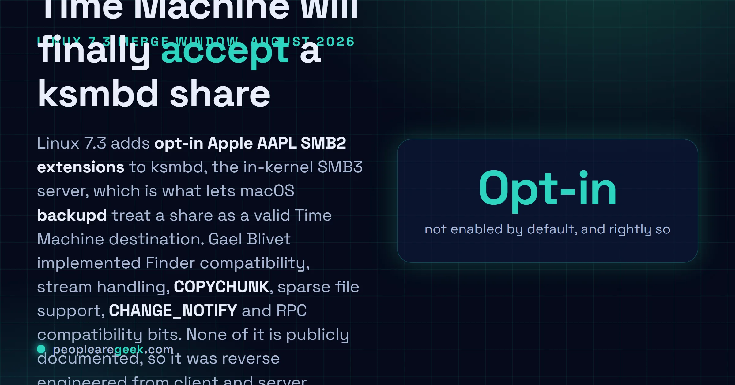 Answer card summarising the Linux 7.3 ksmbd changes: opt-in Apple AAPL SMB2 extensions covering Finder compatibility, stream handling, COPYCHUNK, sparse files, CHANGE_NOTIFY and RPC compatibility bits, which together let macOS Time Machine back up to the in-kernel SMB3 server, plus per share SMB3 encryption and SMB3 request replay.