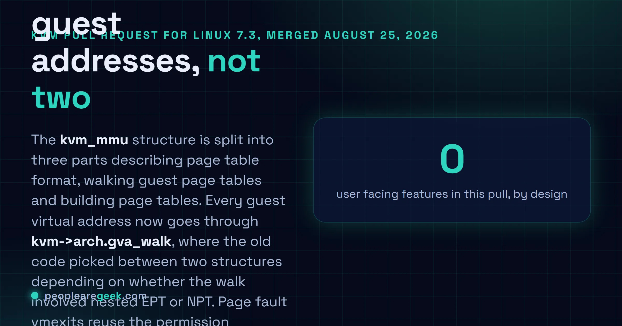 Answer card summarising the KVM changes merged for Linux 7.3 on August 25, 2026: kvm_mmu split into three parts, a single gva_walk entry point, and fixes for Xen steal time and the VMX preemption timer.