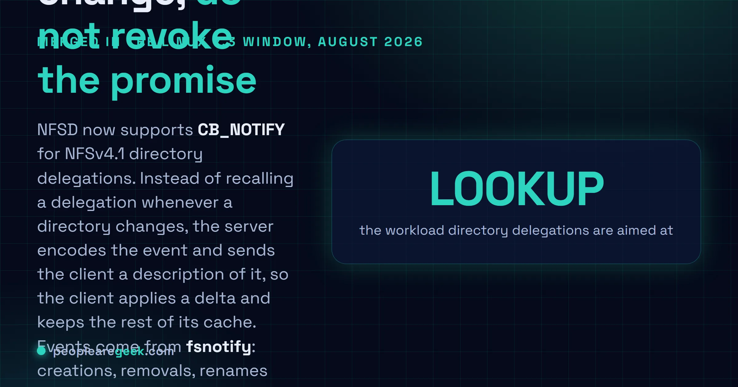 Answer card summarising the NFS changes merged for the Linux 7.3 window in late August 2026: NFSD gains CB_NOTIFY support for NFSv4.1 directory delegations driven by fsnotify events covering additions, removals, renames and attribute changes, following the recall only implementation that landed in 2025, alongside continued Netlink work and the removal of the alternative NFSD service thread pool modes.