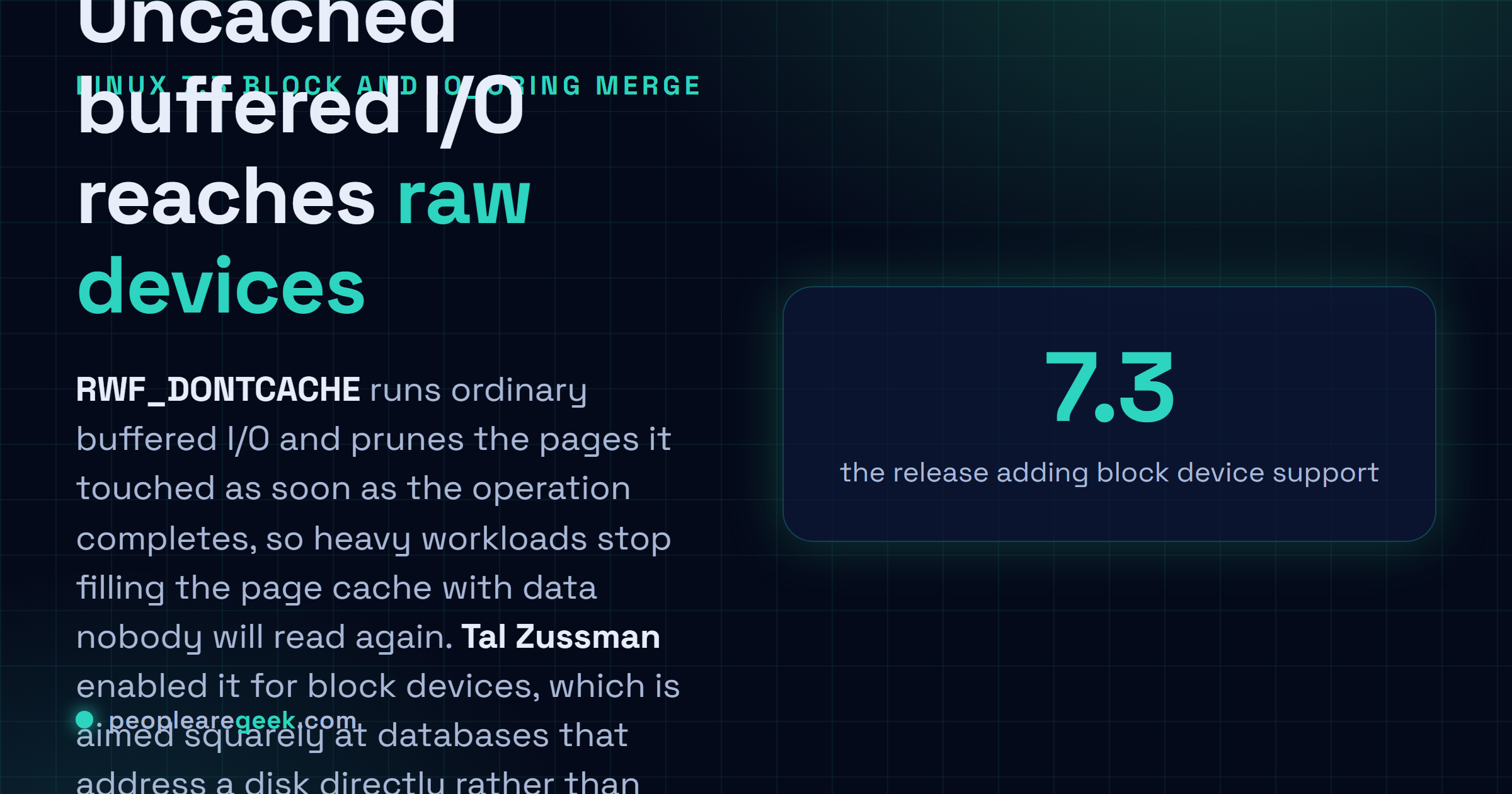 Answer card summarising the Linux 7.3 block layer changes: RWF_DONTCACHE uncached buffered I/O now supported on block devices thanks to Tal Zussman, which suits databases running on raw devices, alongside dynamic area provisioning for io_uring zero copy receive and NVMe RDMA queue setup parallelisation.