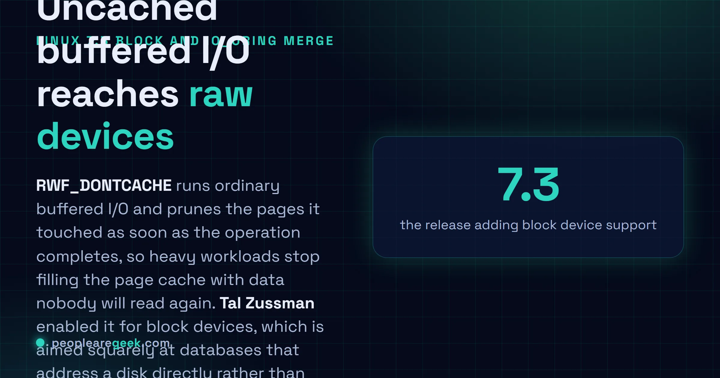 Answer card summarising the Linux 7.3 block layer changes: RWF_DONTCACHE uncached buffered I/O now supported on block devices thanks to Tal Zussman, which suits databases running on raw devices, alongside dynamic area provisioning for io_uring zero copy receive and NVMe RDMA queue setup parallelisation.