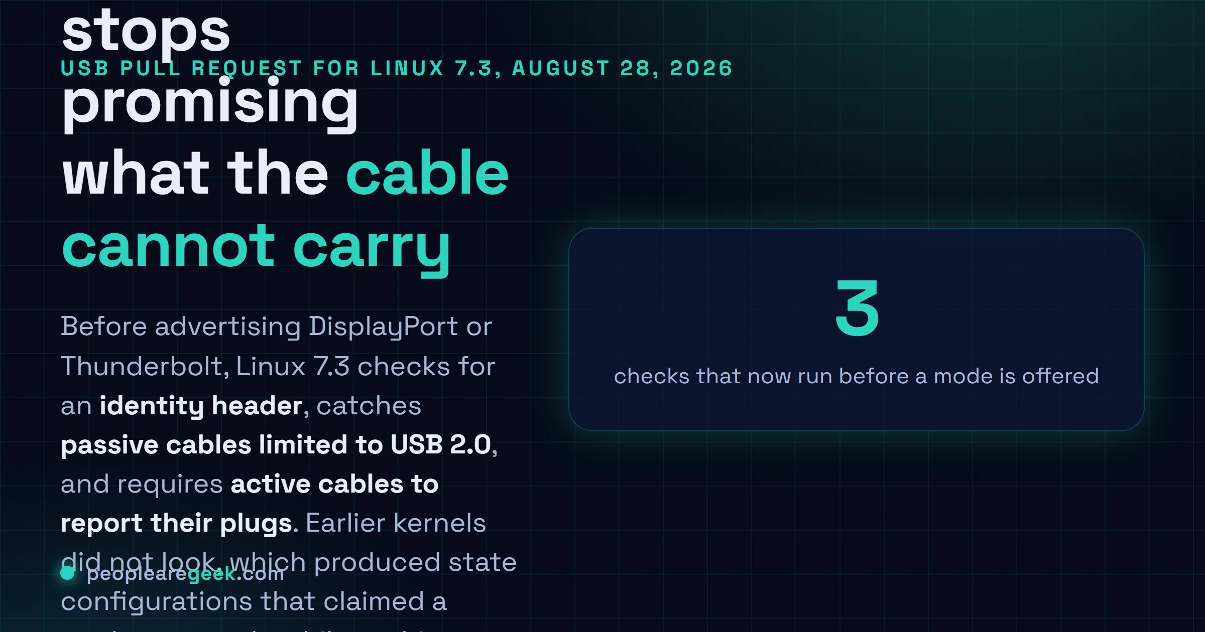 Carte expliquant le changement USB Type-C de Linux 7.3 : le noyau valide désormais l'identité du câble, le débit d'un câble passif et les fiches d'un câble actif avant d'annoncer un mode alternatif comme DisplayPort ou Thunderbolt.