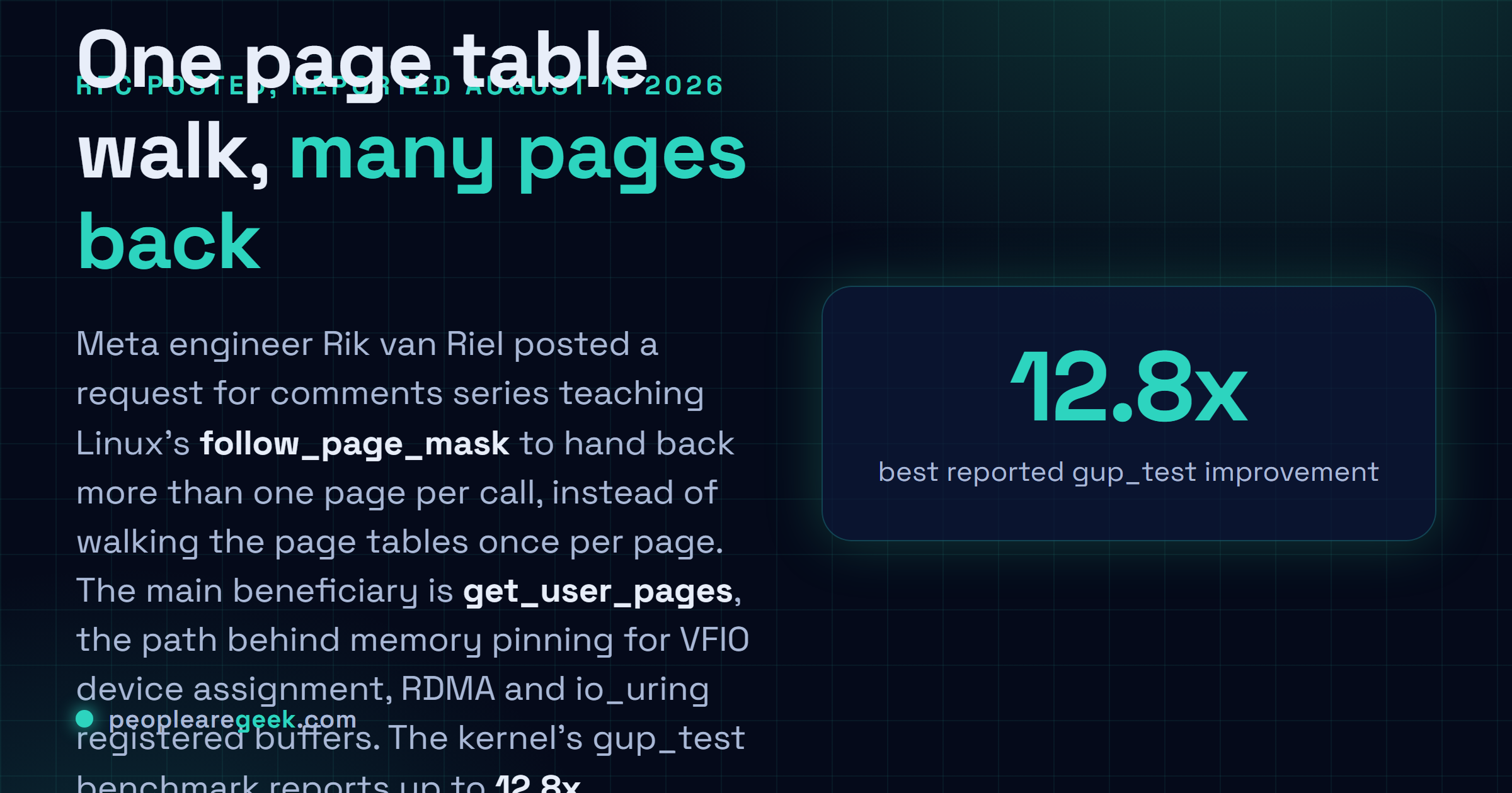 Answer card describing Rik van Riel's request for comments patch series that batches lookups in the Linux kernel follow_page_mask function so page table walkers can return more than one page per call, benefiting get_user_pages callers, with the kernel gup_test benchmark reporting improvements of up to 12.8 times.