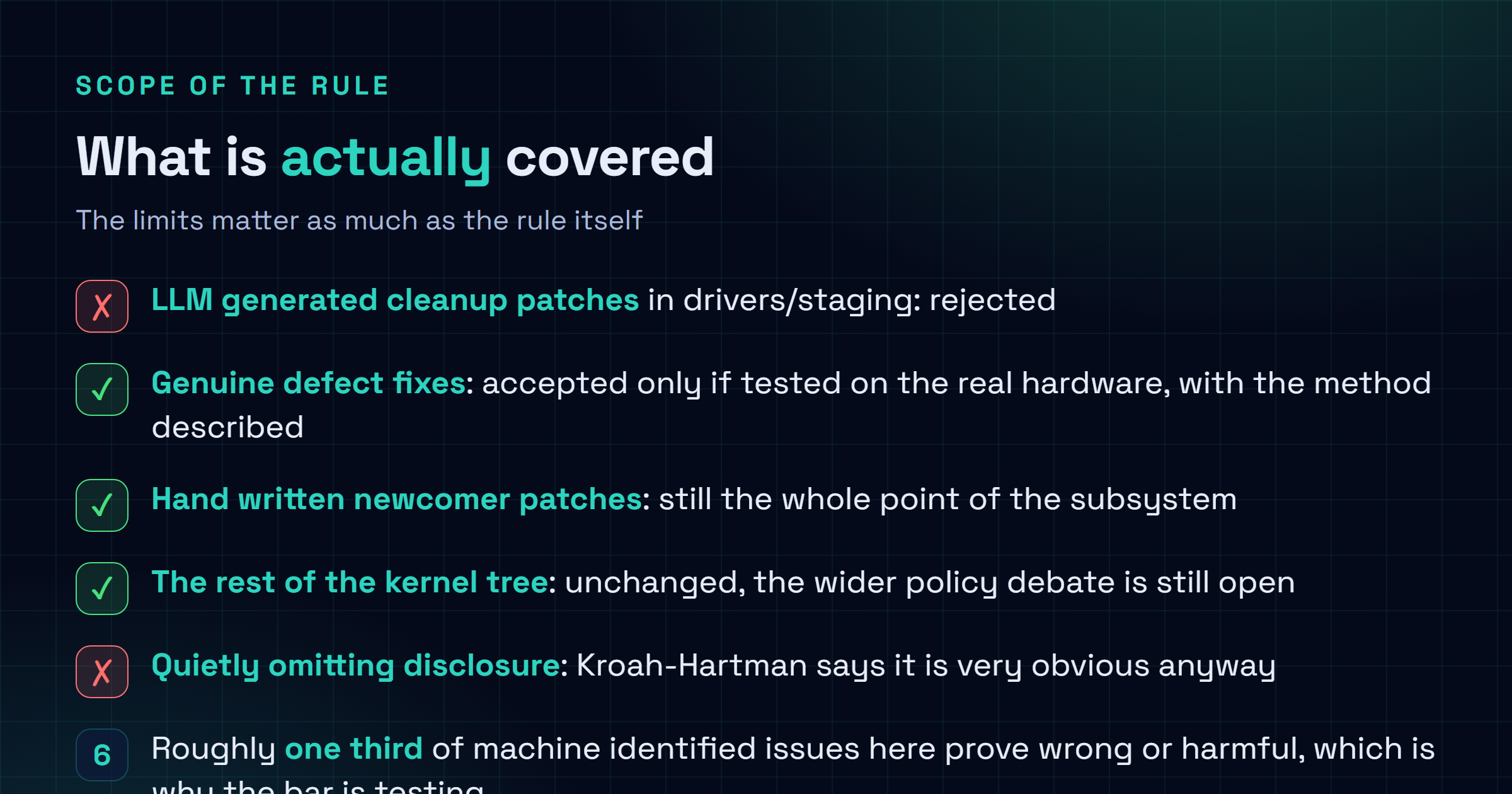 Carte checklist résumant la portée de la nouvelle règle : patchs générés par modèle rejetés dans drivers/staging, correctifs réels acceptés uniquement avec test matériel décrit, reste de l'arbre du noyau inchangé, et usage non déclaré considéré comme évident pour les mainteneurs.