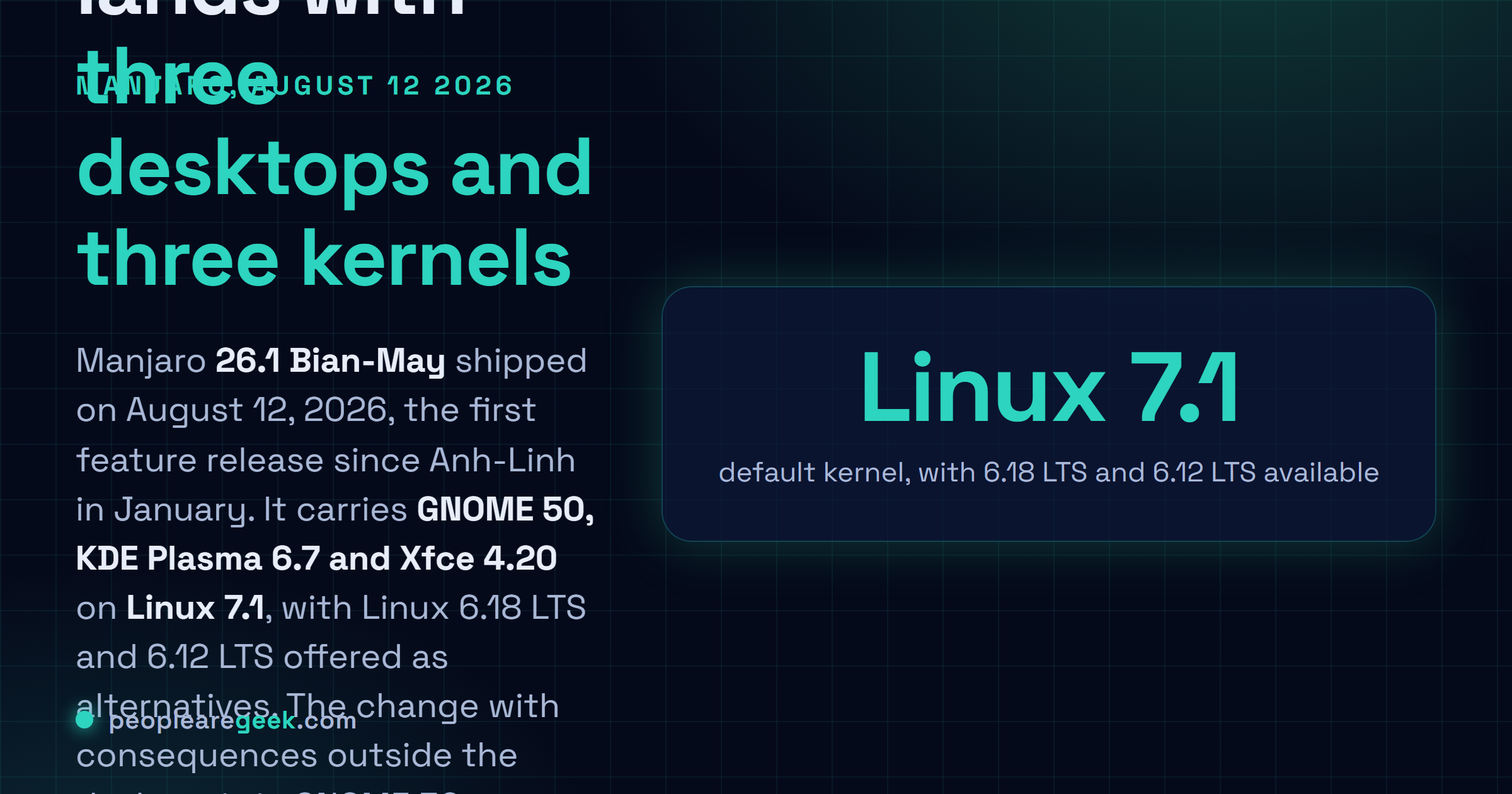 Answer card describing the Manjaro 26.1 Bian-May release of August 12, 2026, the first feature release since January 2026, shipping GNOME 50, KDE Plasma 6.7 and Xfce 4.20 on Linux 7.1 with Linux 6.18 LTS and 6.12 LTS available as alternative kernels.