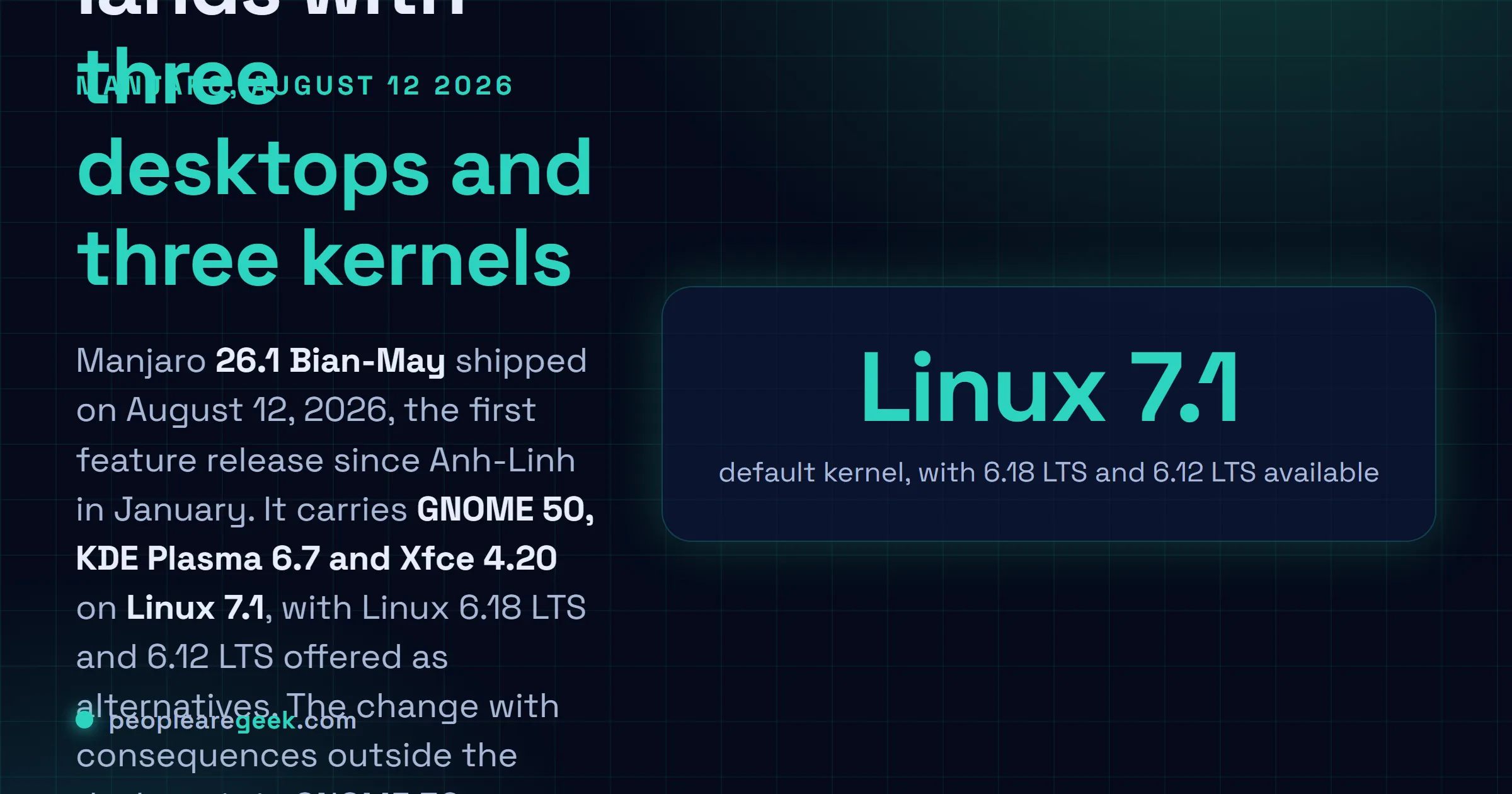 Answer card describing the Manjaro 26.1 Bian-May release of August 12, 2026, the first feature release since January 2026, shipping GNOME 50, KDE Plasma 6.7 and Xfce 4.20 on Linux 7.1 with Linux 6.18 LTS and 6.12 LTS available as alternative kernels.