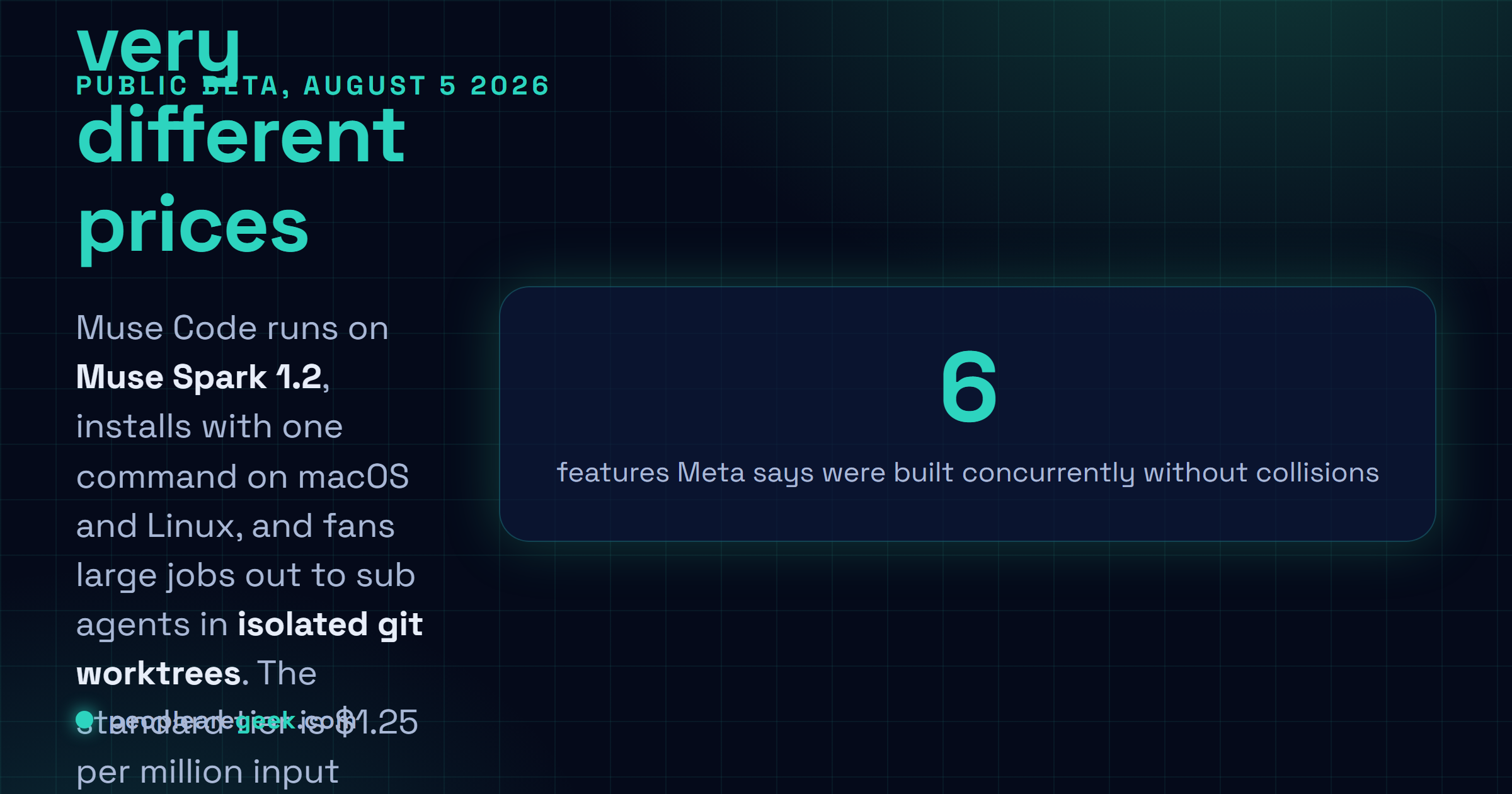 Carte réponse : Meta a lancé Muse Code en bêta le 5 août 2026, un agent de code en terminal pour macOS et Linux bâti sur Muse Spark 1.2, qui lance des sous-agents dans des worktrees git isolés et propose un palier contributeur environ dix fois moins cher en échange du droit d'entraîner ses modèles sur vos prompts et vos réponses.