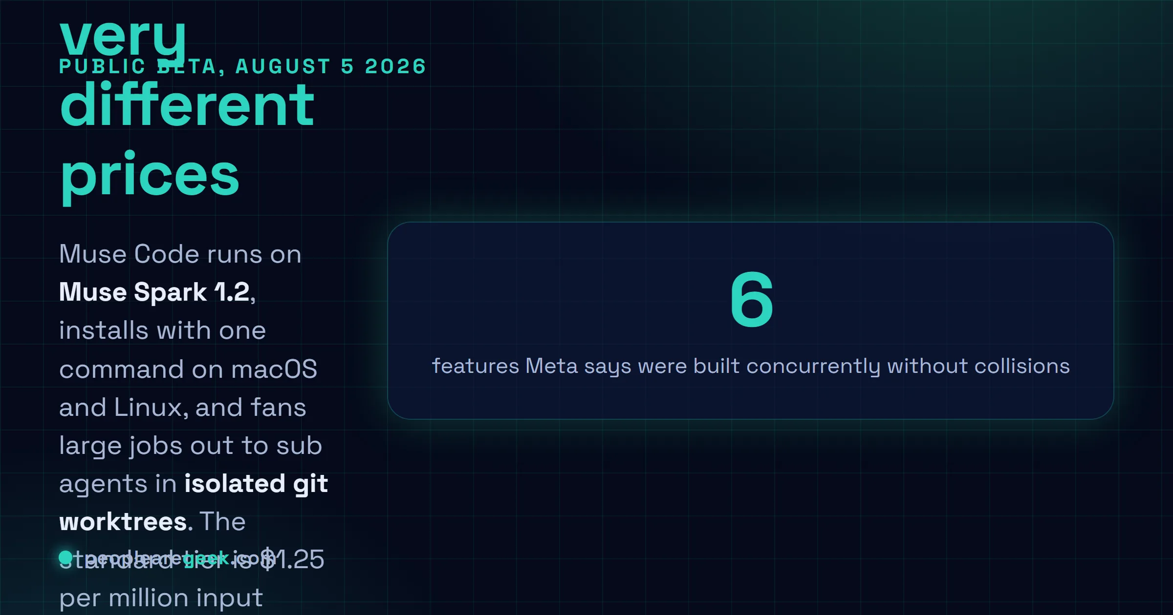 Answer card: Meta launched Muse Code in beta on August 5 2026, a terminal coding agent for macOS and Linux built on Muse Spark 1.2, which spawns sub agents in isolated git worktrees and offers a contributor pricing tier roughly ten times cheaper in exchange for permission to train on your prompts and completions.