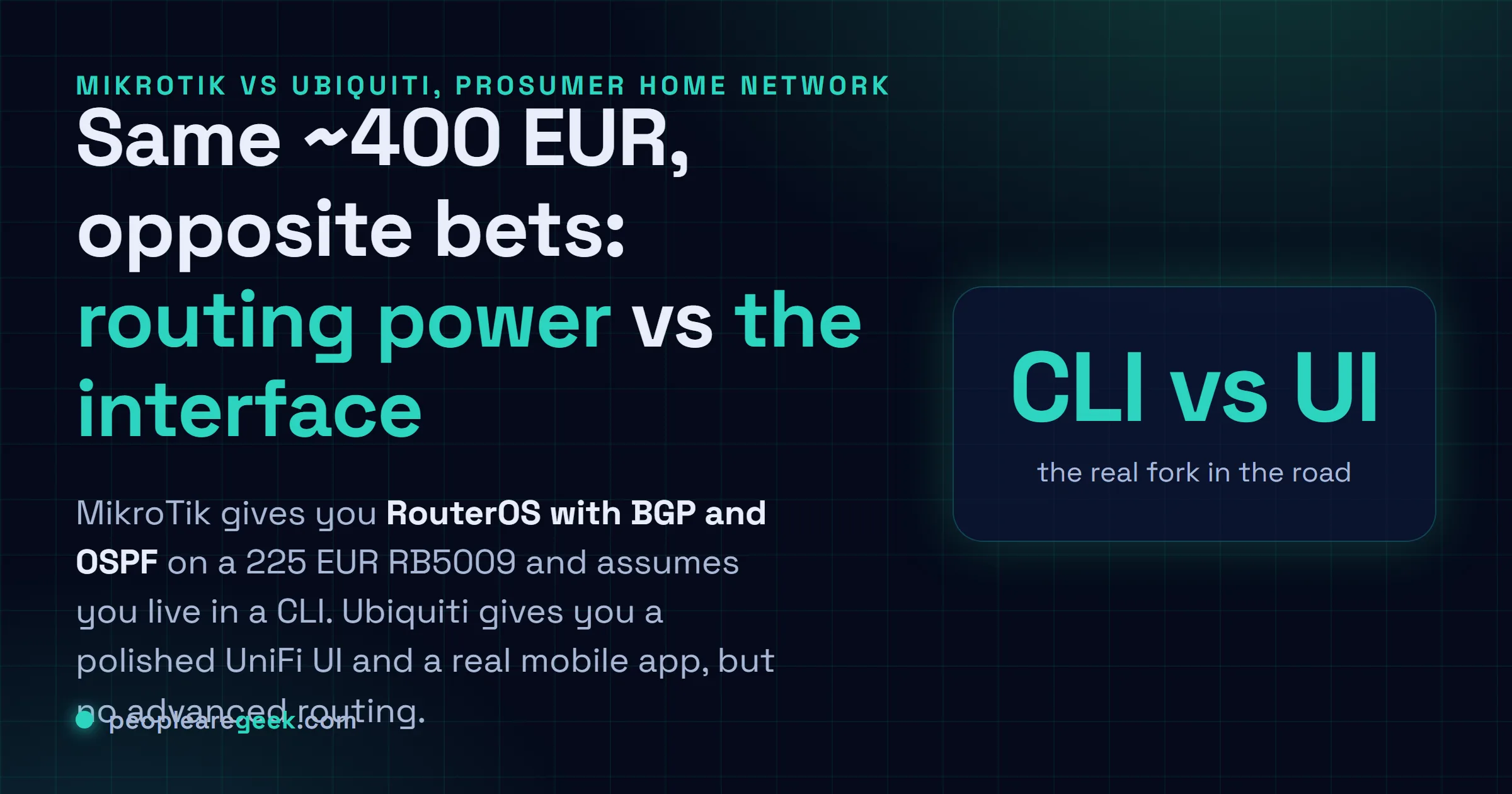 Carte réponse comparant une stack MikroTik RouterOS à une stack Ubiquiti UniFi pour un réseau maison prosumer, toutes deux autour de 400 EUR.