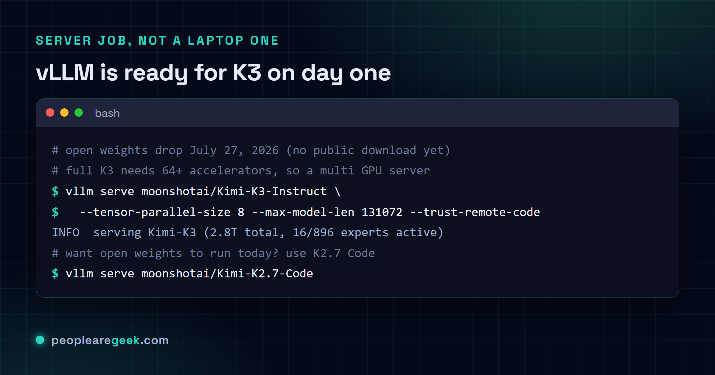 Carte terminal montrant un exemple de commande vLLM serve pour Kimi K3 avec une taille de parallelisme tensoriel de 8, accompagnee d'une note indiquant que les poids arrivent le 27 juillet et que l'auto hebergement demande un serveur multi GPU.