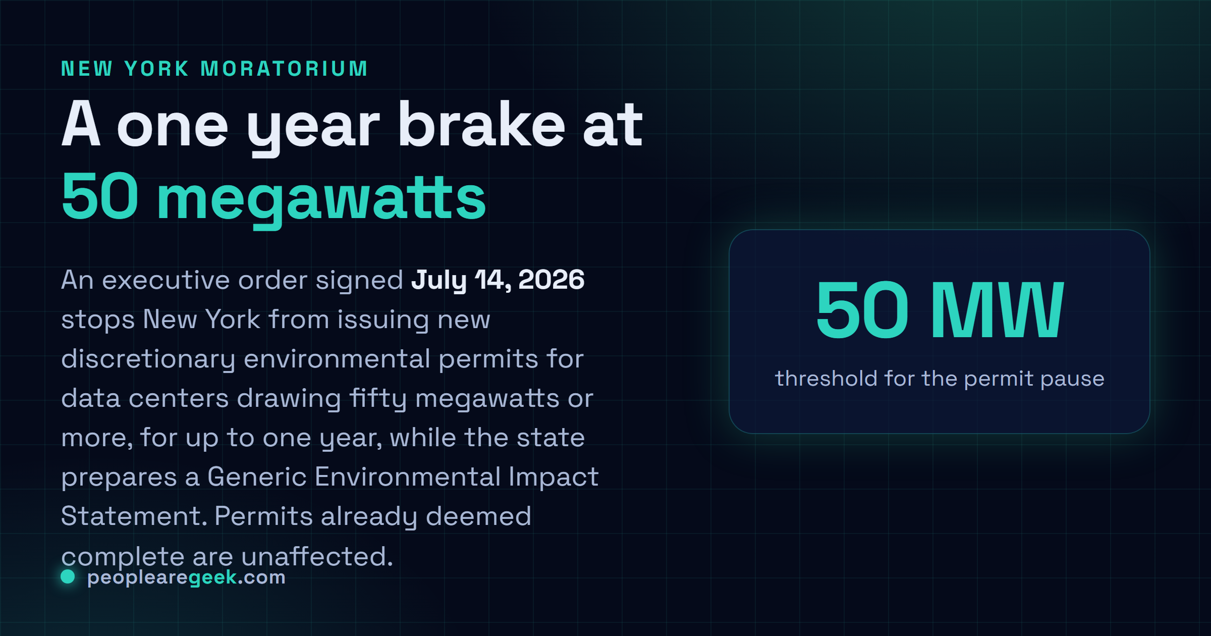 Carte reponse : New York a suspendu pour un an au maximum les permis environnementaux des nouveaux datacenters de 50 megawatts ou plus, par un decret signe le 14 juillet 2026.