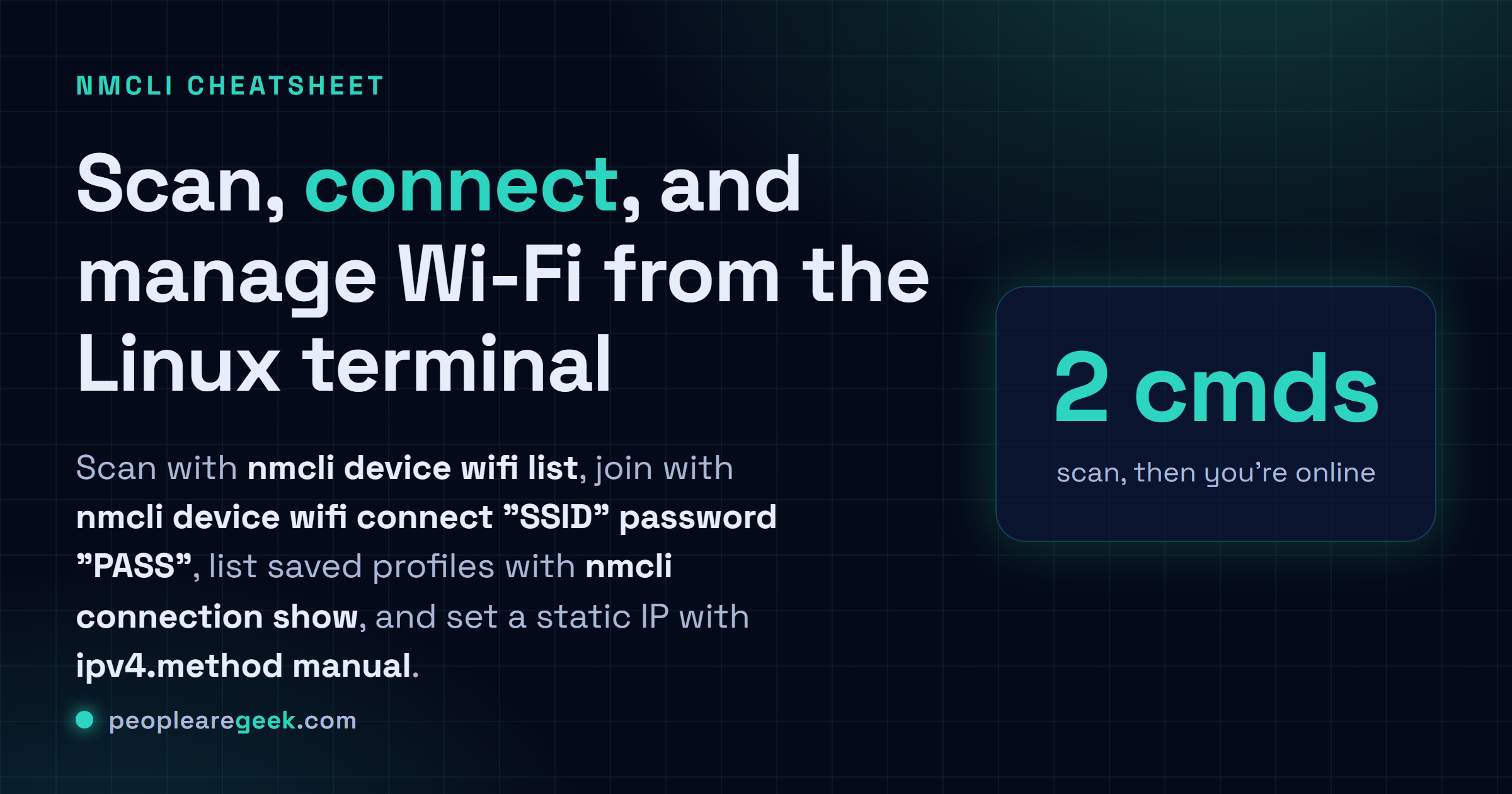 Carte réponse : scanner le Wi-Fi avec nmcli device wifi list, rejoindre avec nmcli device wifi connect SSID password, afficher les connexions enregistrées, et définir une IP statique avec ipv4.method manual.