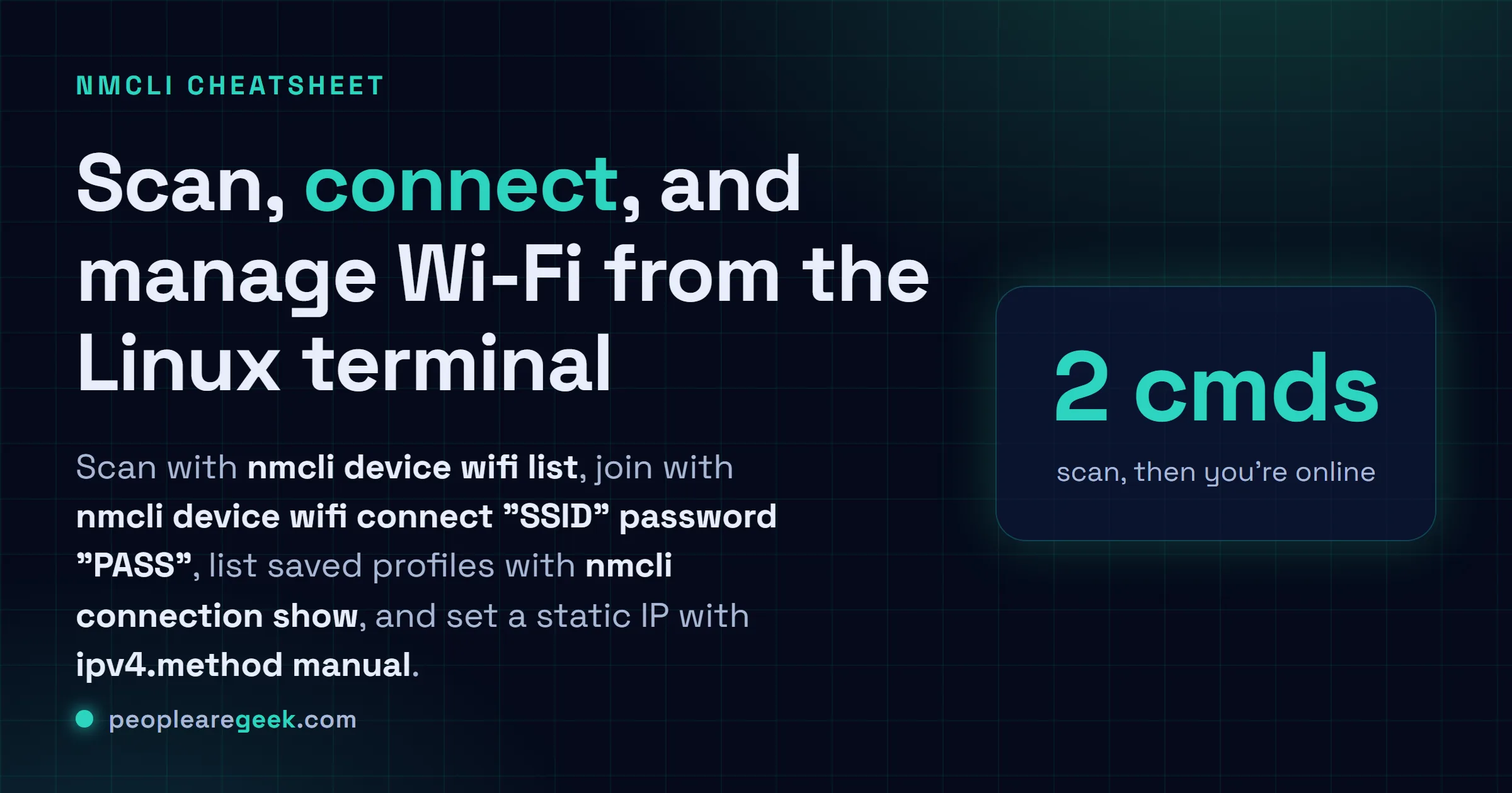 Carte réponse pour l'antisèche nmcli : scanner le Wi-Fi avec nmcli device wifi list, rejoindre avec nmcli device wifi connect SSID password, afficher les profils enregistrés, et définir une IP statique avec ipv4.method manual.