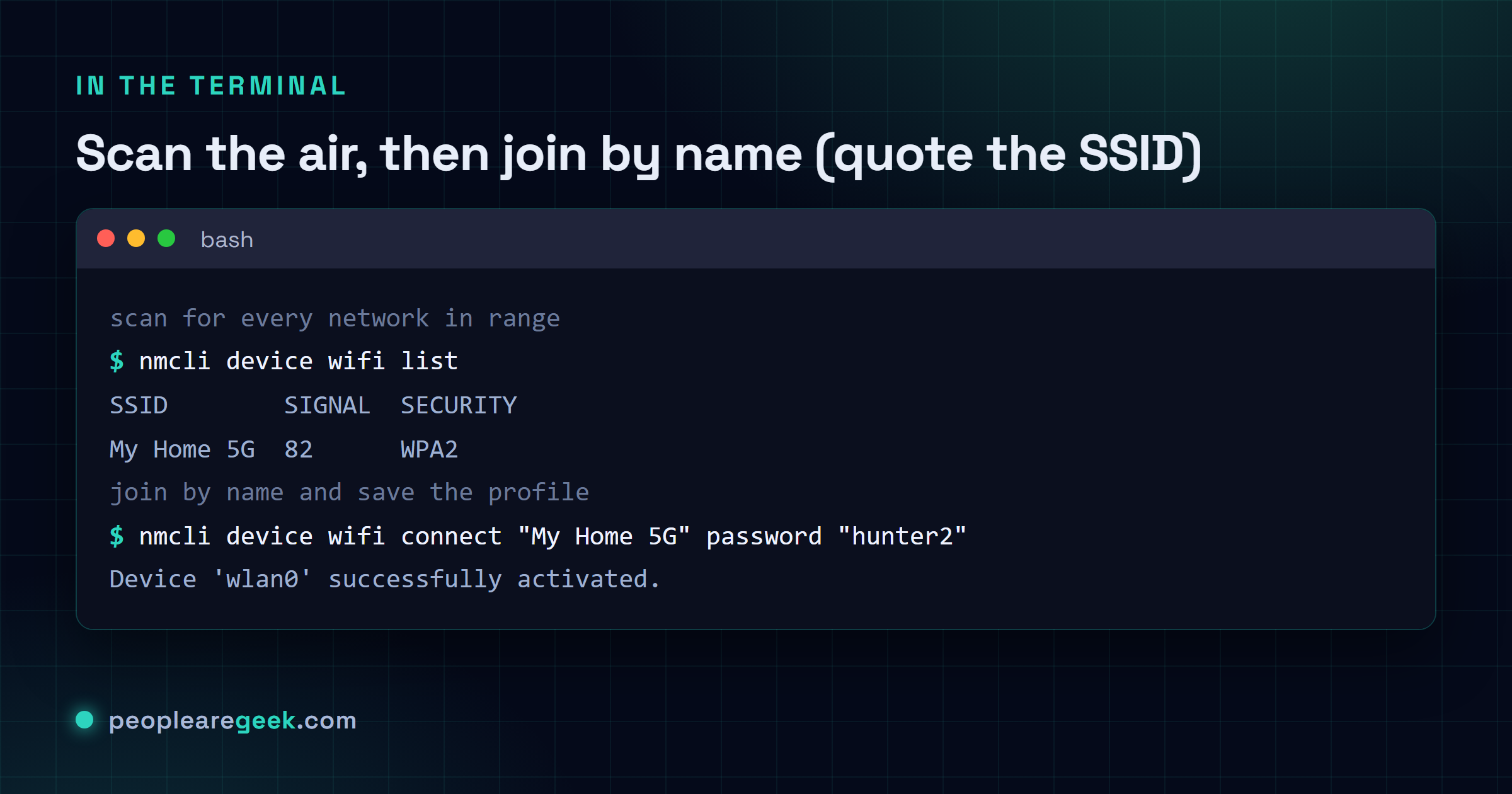 Terminal montrant nmcli device wifi list qui scanne les réseaux, puis nmcli device wifi connect qui en rejoint un par son SSID et enregistre le profil.