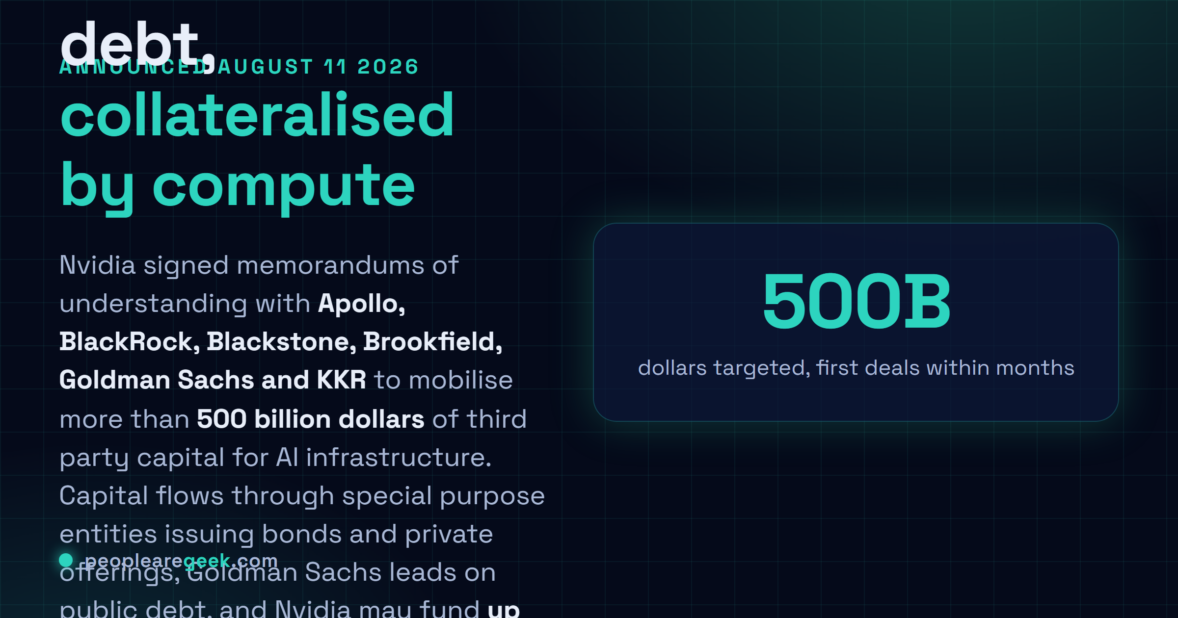 Carte réponse décrivant l'annonce de Nvidia du 11 août 2026 : des protocoles d'accord signés avec Apollo, BlackRock, Blackstone, Brookfield, Goldman Sachs et KKR pour mobiliser plus de 500 milliards de dollars de capitaux tiers destinés à la construction de centres de données, avec une dette garantie par la puissance de calcul et une contribution de Nvidia plafonnée à 25 pour cent d'une opération.