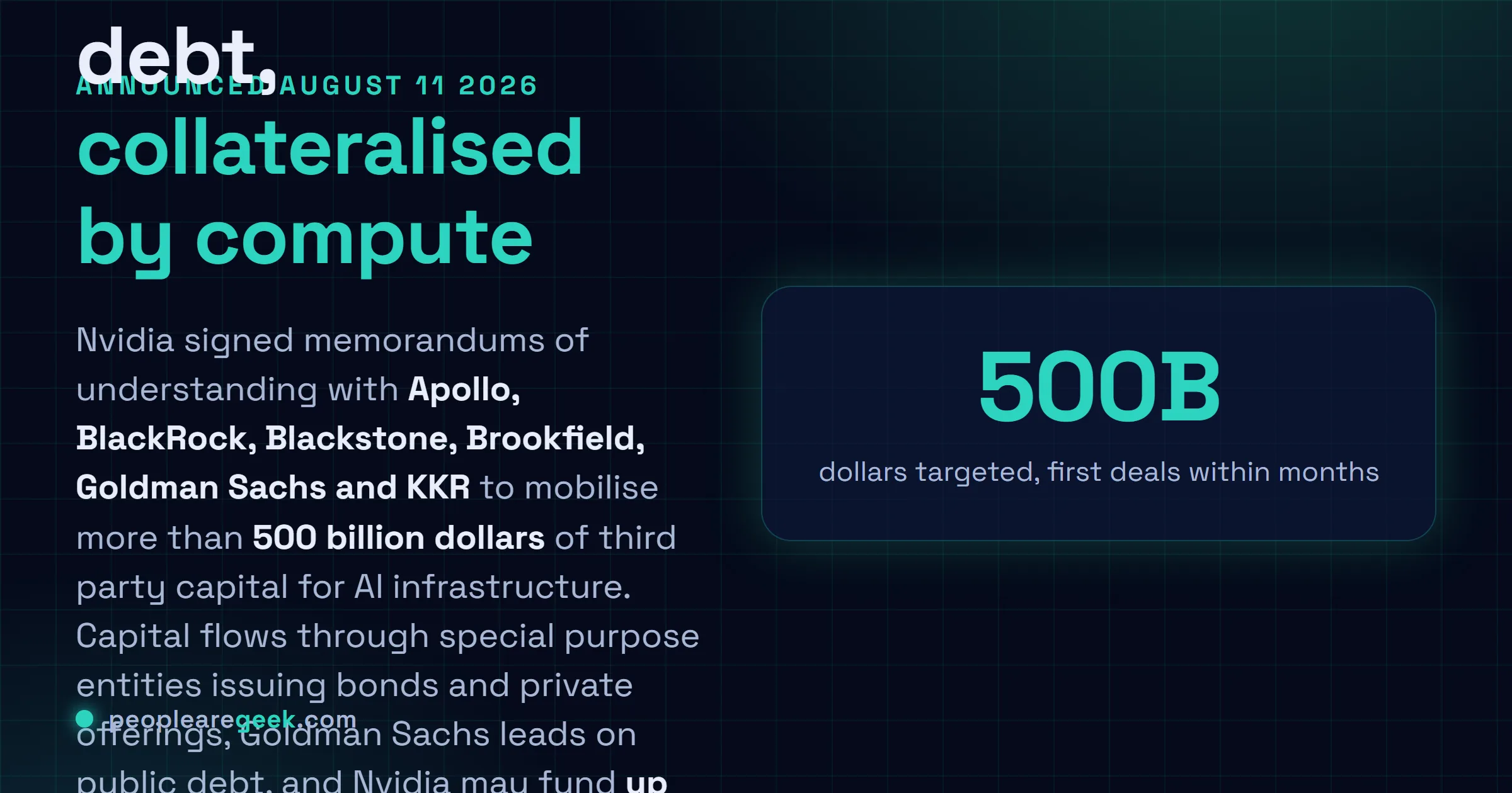 Carte réponse décrivant l'annonce de Nvidia du 11 août 2026 : des protocoles d'accord signés avec Apollo, BlackRock, Blackstone, Brookfield, Goldman Sachs et KKR pour mobiliser plus de 500 milliards de dollars de capitaux tiers destinés à la construction de centres de données, avec une dette garantie par la puissance de calcul et une contribution de Nvidia plafonnée à 25 pour cent d'une opération.