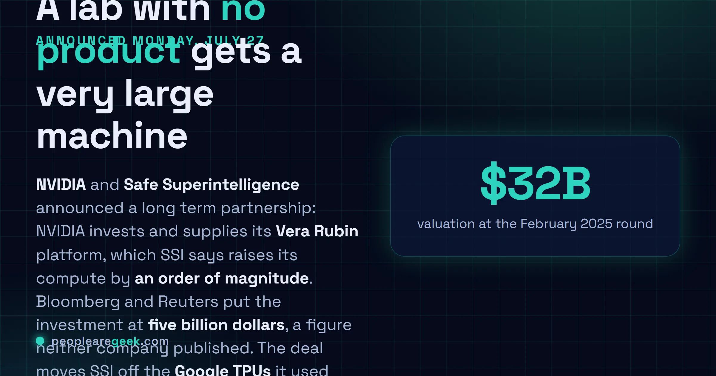 Carte réponse : NVIDIA investit un montant rapporté de cinq milliards de dollars dans Safe Superintelligence et fournit des systèmes Vera Rubin, multipliant par dix la puissance de calcul du laboratoire et le faisant quitter les TPU Google, annonce du vingt sept juillet 2026.