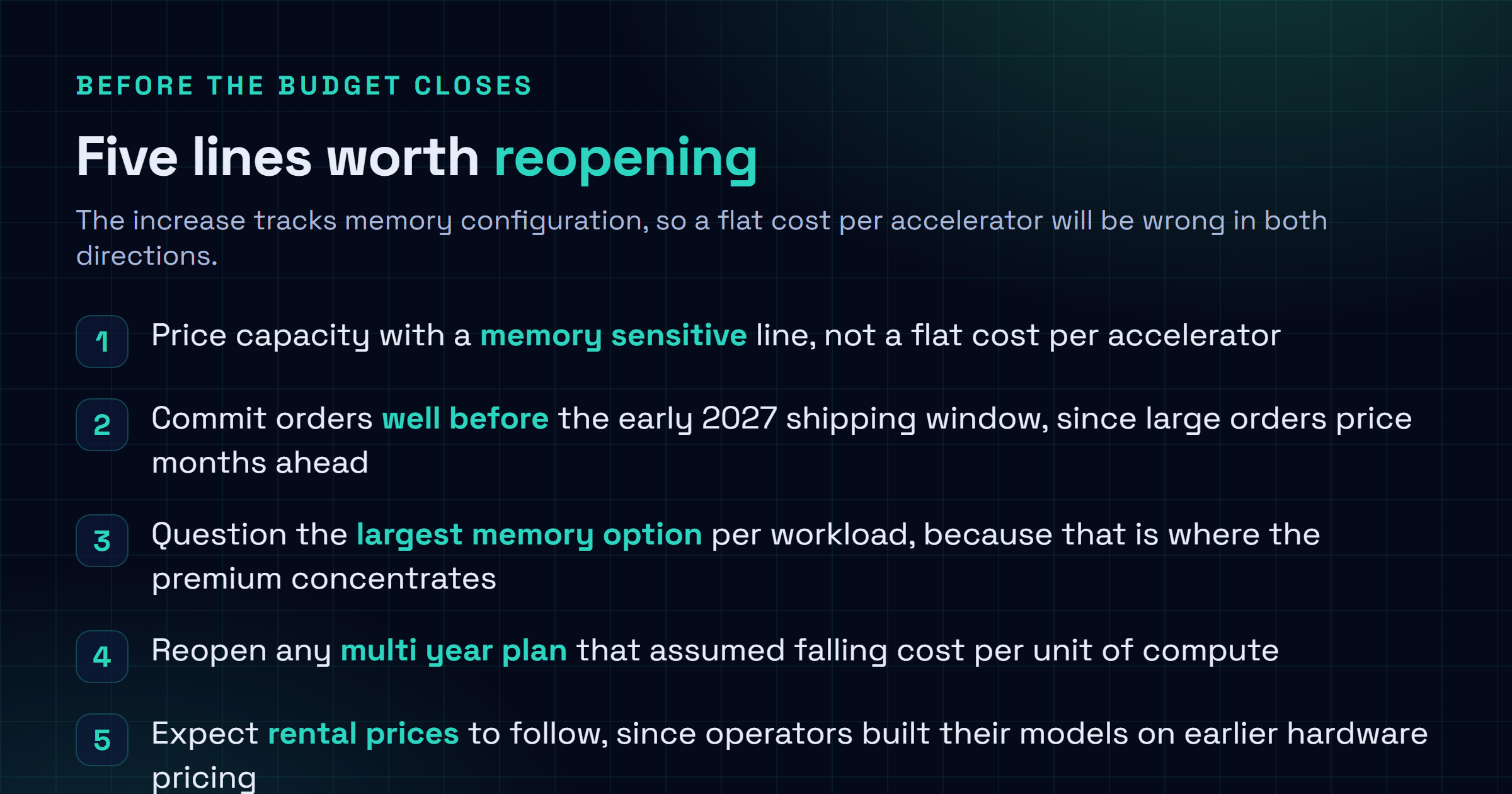Checklist for a 2027 AI hardware budget: price capacity with a memory sensitive line rather than a flat cost per accelerator, commit orders before early 2027 shipping windows, question the largest memory option per workload, revisit multi year plans built on falling unit costs, and expect rental prices to follow.