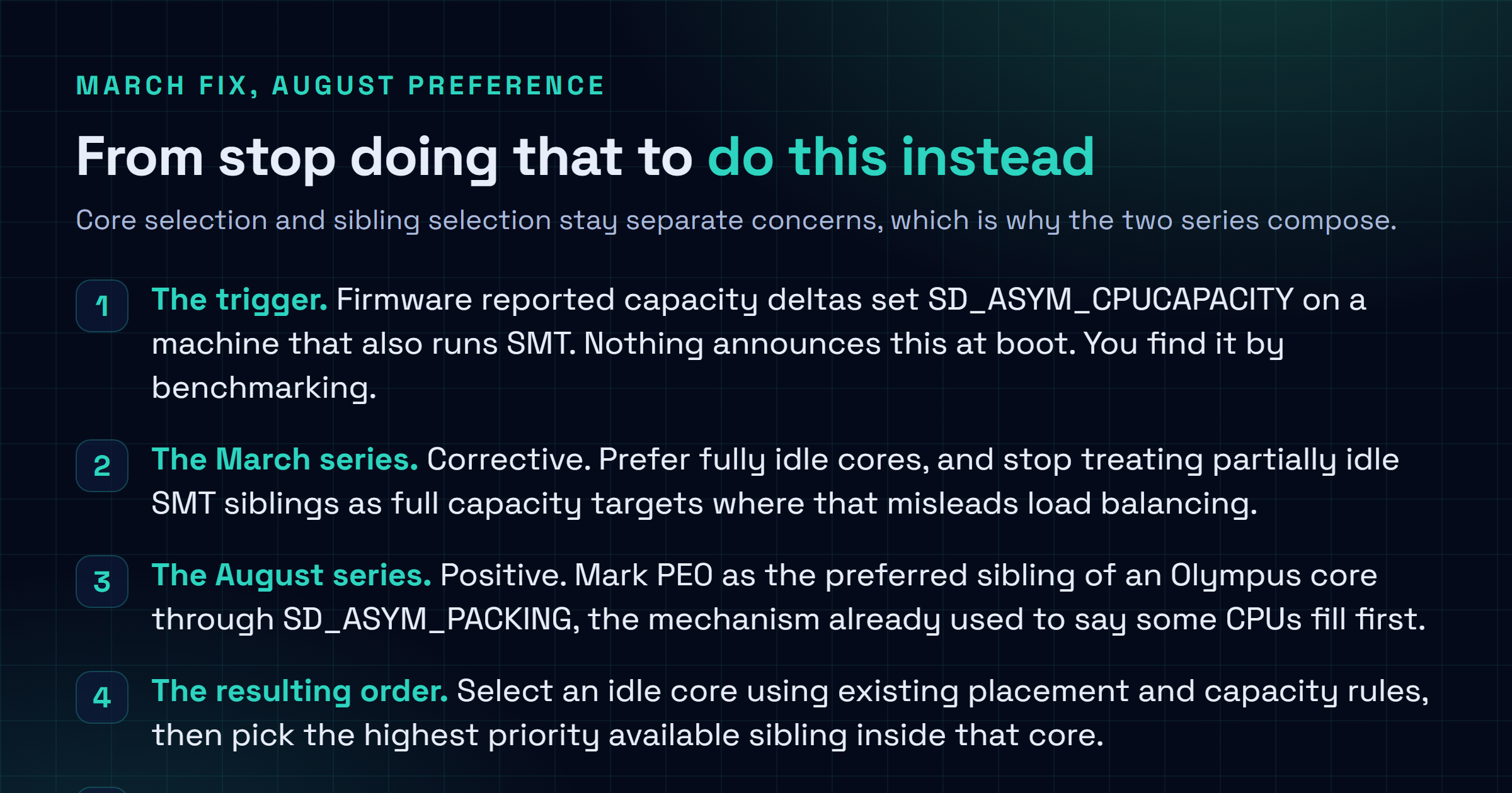 Checklist of the NVIDIA Vera scheduler work: firmware capacity deltas set SD_ASYM_CPUCAPACITY, SMT siblings overstate available capacity, March patches prefer fully idle cores, the new series marks PE0 preferred via SD_ASYM_PACKING, and idle selection picks core then sibling.