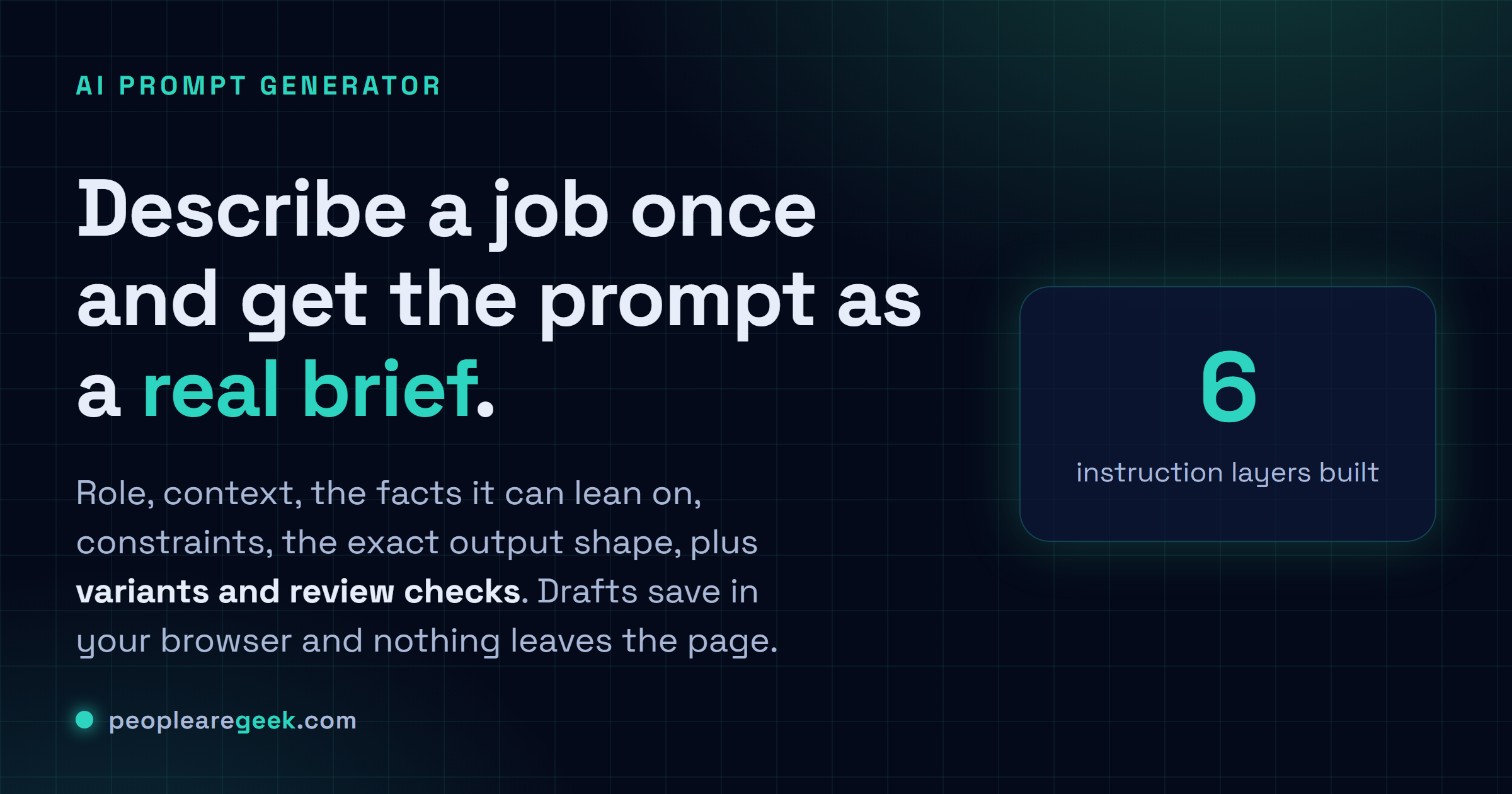AI Prompt Generator: Describe a job once and get back a real brief: role, context, facts, constraints, output shape, variants and review checks.