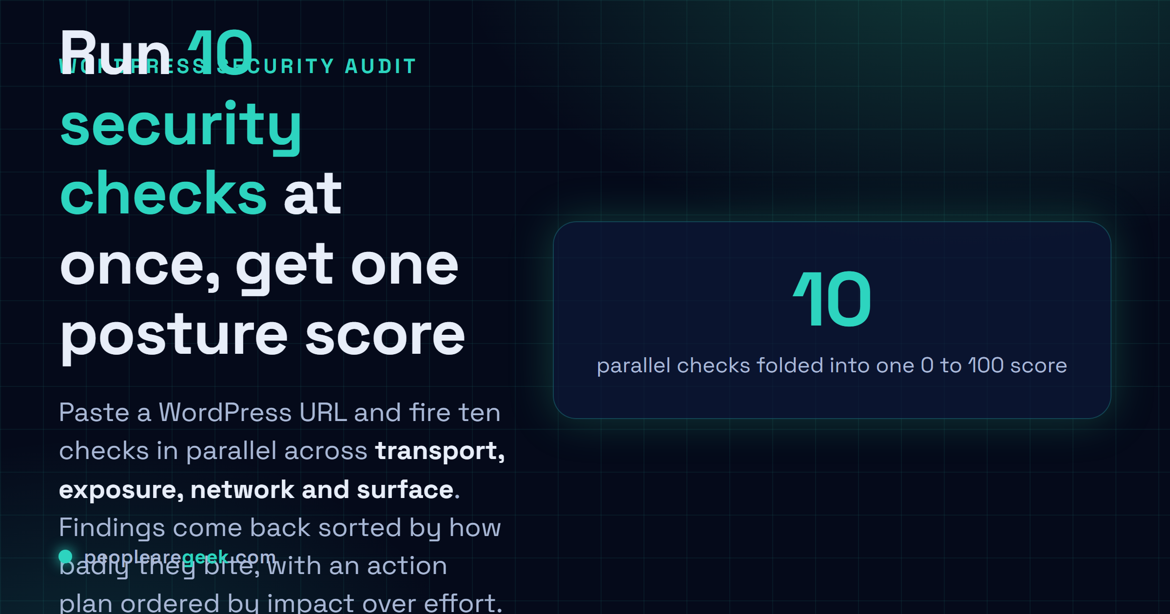 Suite d'audit cyber pour WordPress: Collez une URL WordPress et lancez 10 checks de sécurité en même temps, puis lisez un score de posture unique, des résultats triés et un plan d'action ordonné par impact.