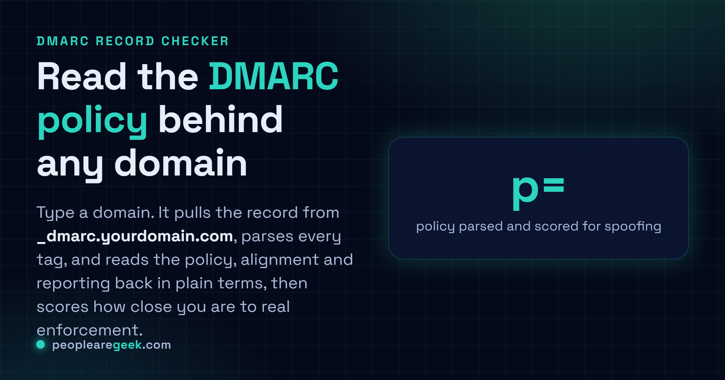 DMARC Record Checker: Récupère l'enregistrement DMARC de n'importe quel domaine et relit la policy, l'alignement et le reporting en clair, avec un score qui repère un setup spoofable.