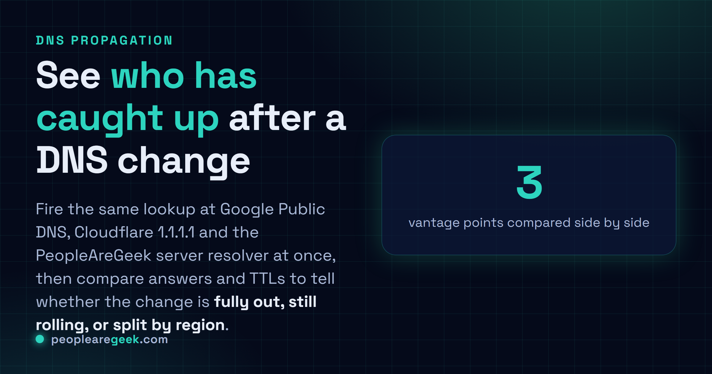 Vérificateur de propagation DNS: Envoie un seul lookup à Google Public DNS, Cloudflare 1.1.1.1 et un resolver serveur d'un coup, puis vois qui est propagé et qui sert encore une valeur périmée.
