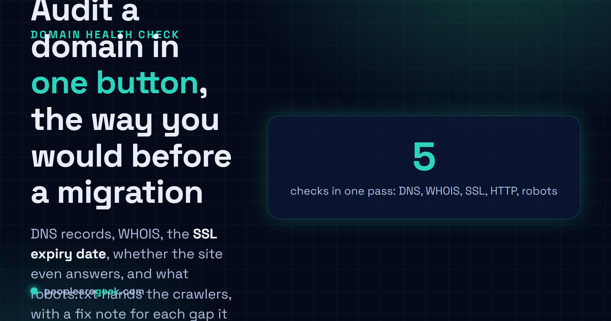 Domain Health Check: Audit DNS, WHOIS, SSL, HTTP, robots et sitemap en une passe