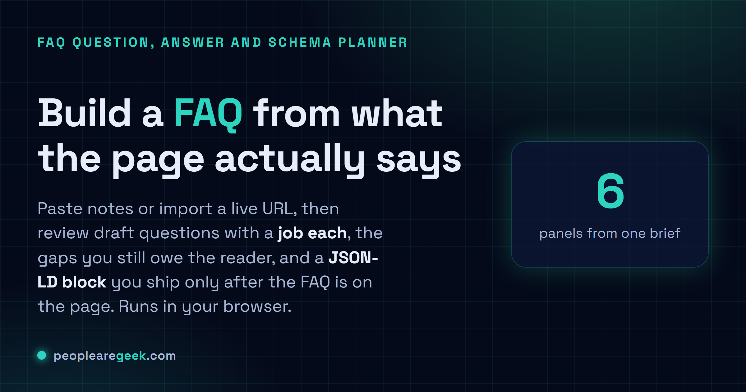 Générateur de FAQ: Construisez une FAQ ciblée à partir de ce que la page raconte vraiment, avec une carte des questions, les lacunes de contenu et un bloc JSON-LD publié en dernier.