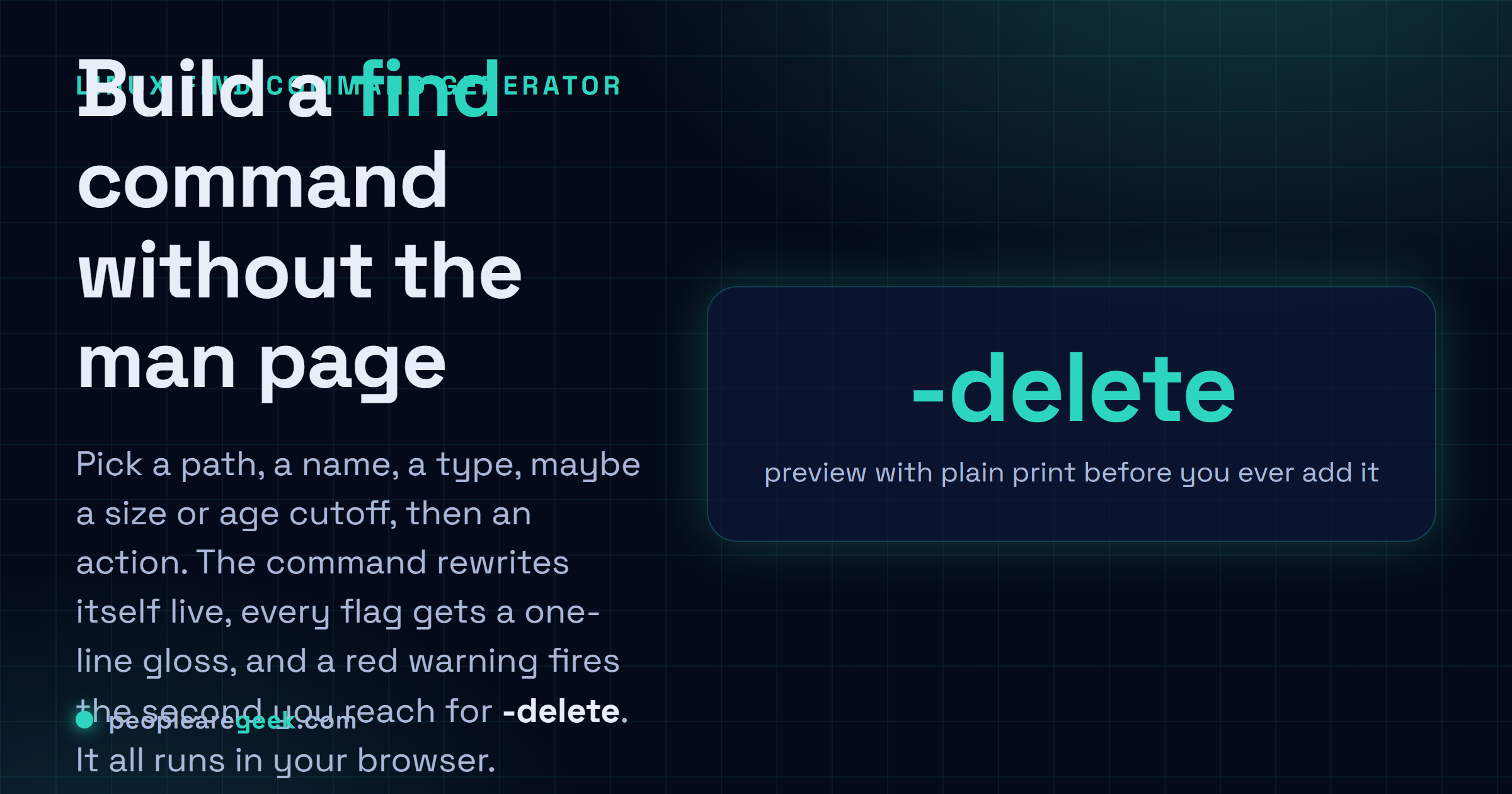 Générateur de commande find: Construis une commande find Linux depuis des menus déroulants : path, nom, type, taille, âge et une action, expliqués en direct.